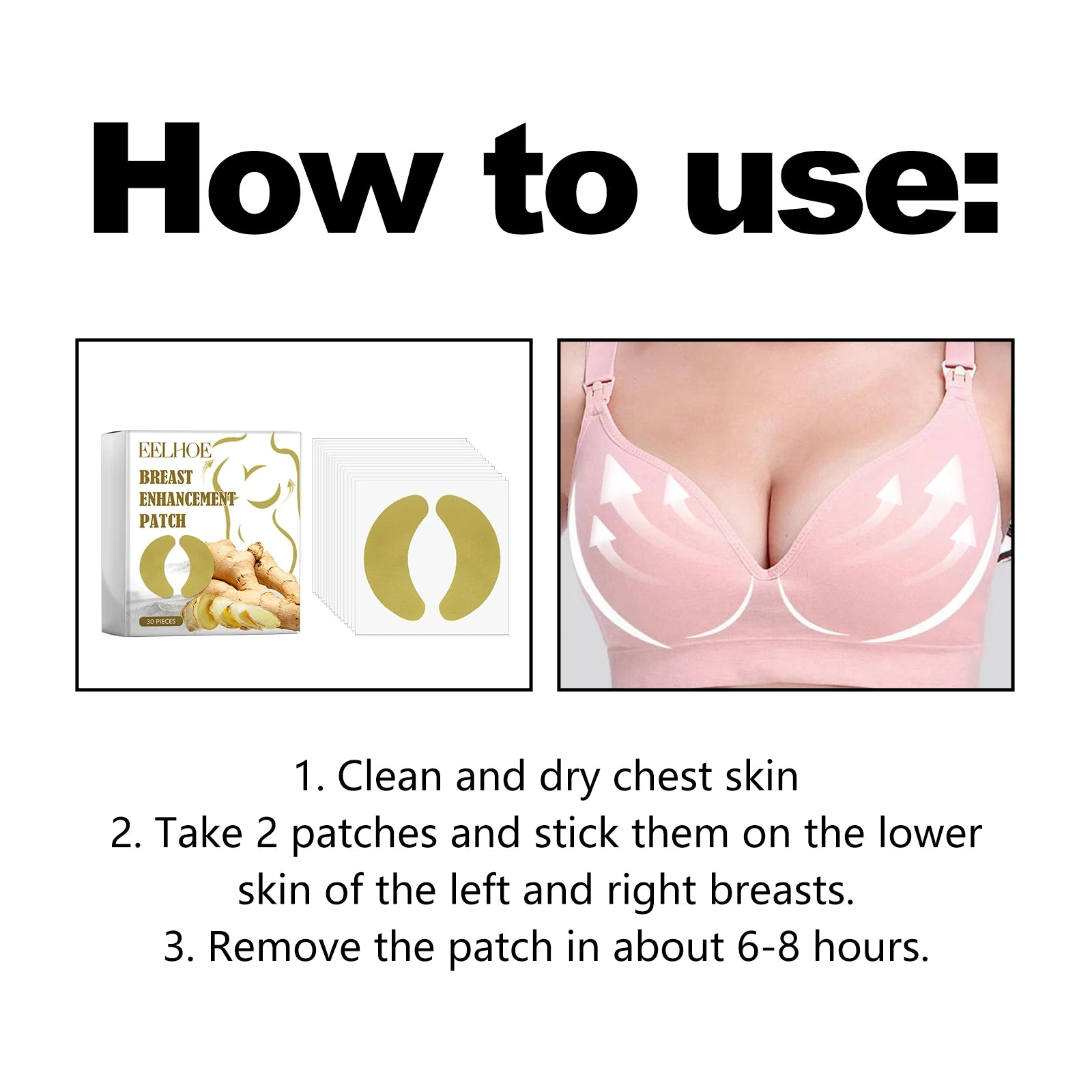 Curved breast care patch directions: clean and dry skin apply two patches remove in 6–8 hours