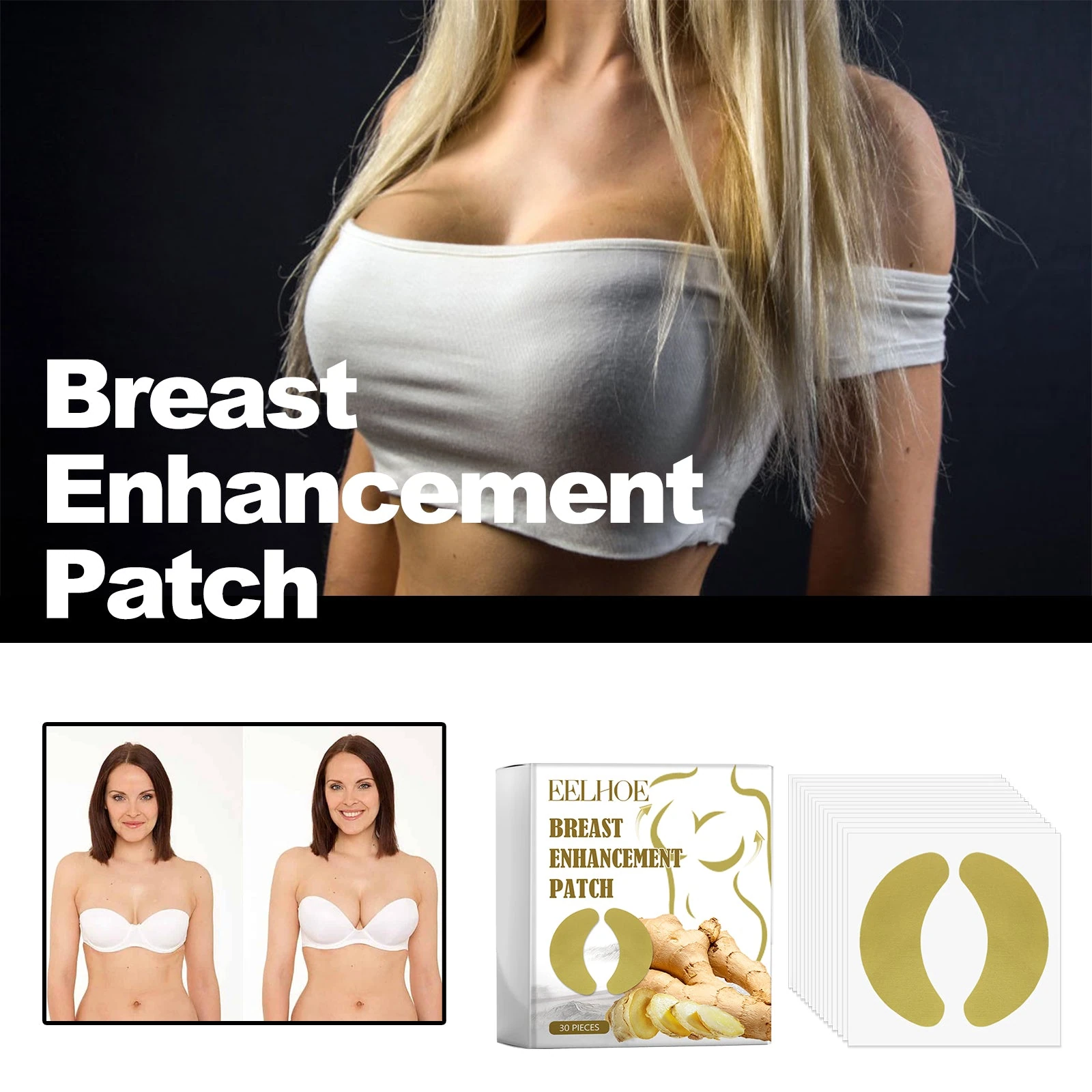EELHOE curved breast care patches with the white pack and chest-care model imagery