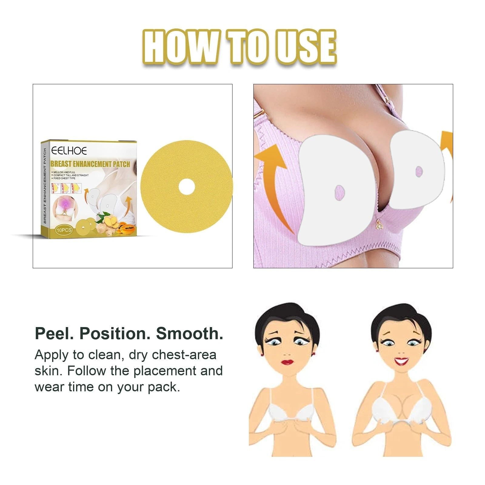 Breast care patch opening and placement illustration