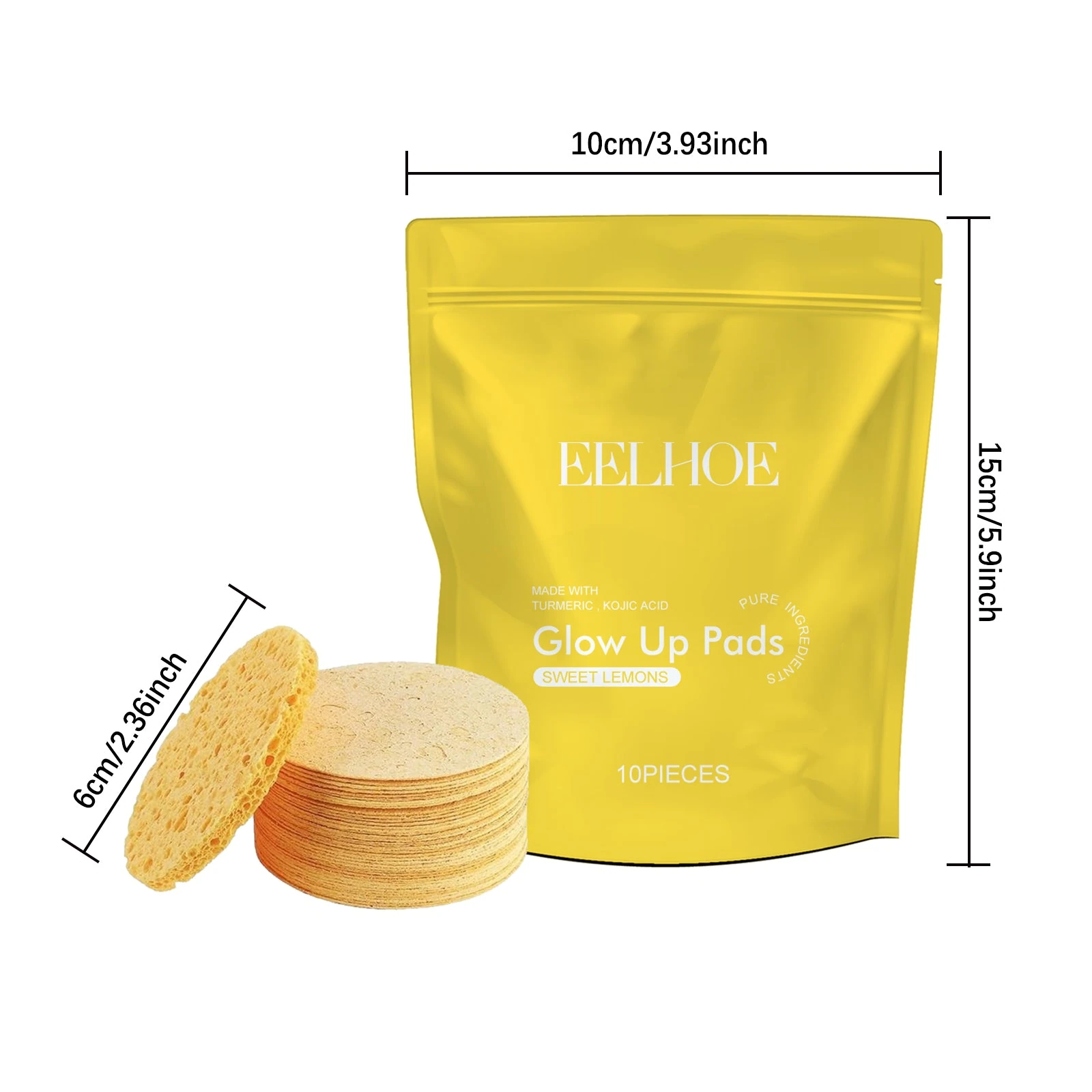 Ten compressed facial sponges with a 6cm disc diameter and yellow pouch dimensions