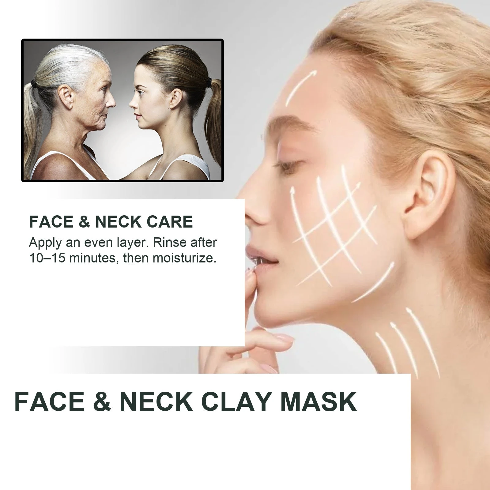 EELHOE Turmeric Clay Mask — Face and neck care photography with corrected mask wording.