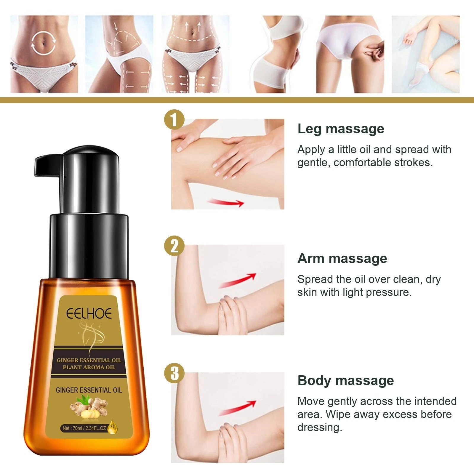 EELHOE Ginger Oil For Massage — Dispense, spread over clean body skin and massage gently.