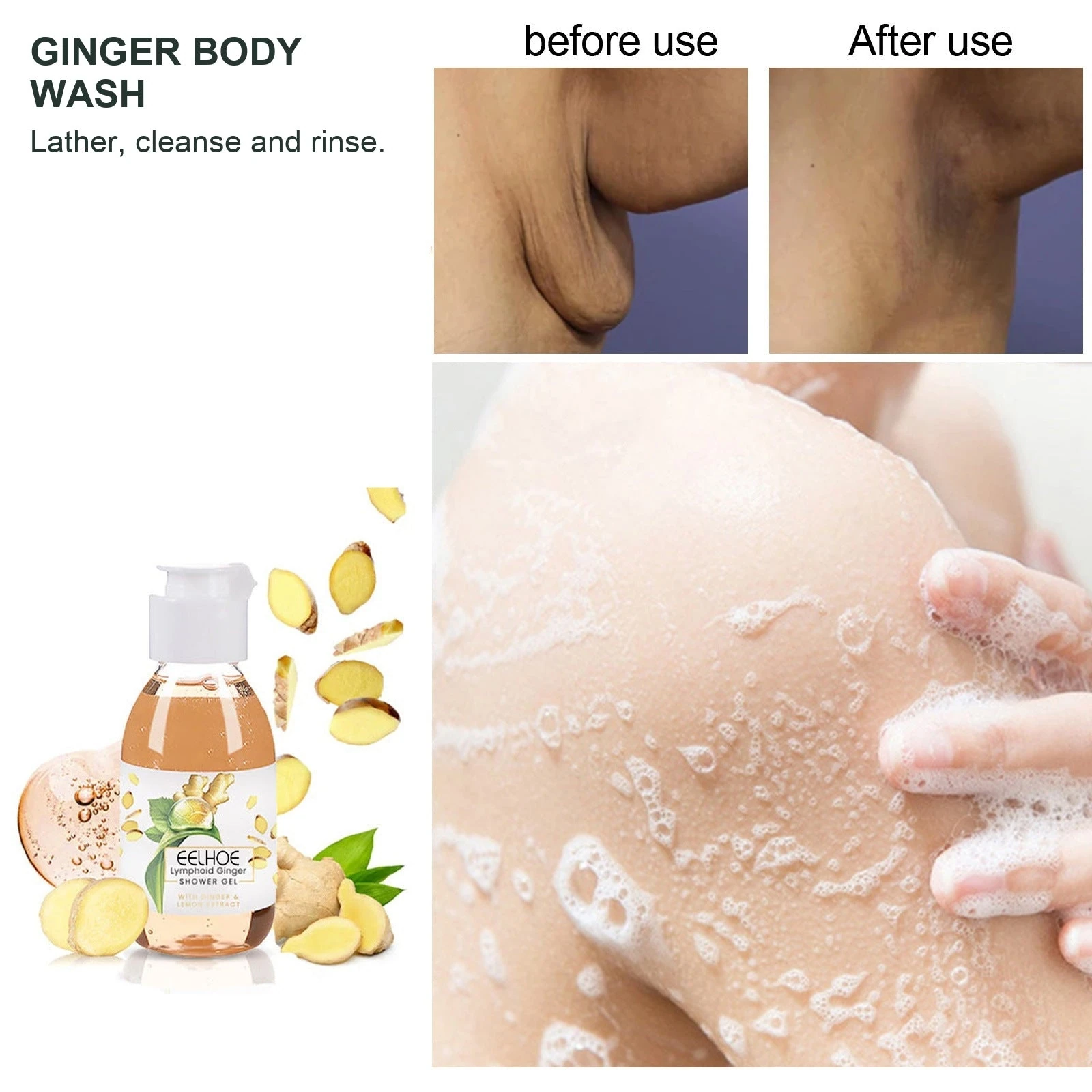 EELHOE Ginger Body Wash — Build foam in wet hands and spread it over body skin.