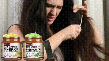 EELHOE Ginger Conditioner — Hair-handling demonstration with separate ginger and rosemary range jars.