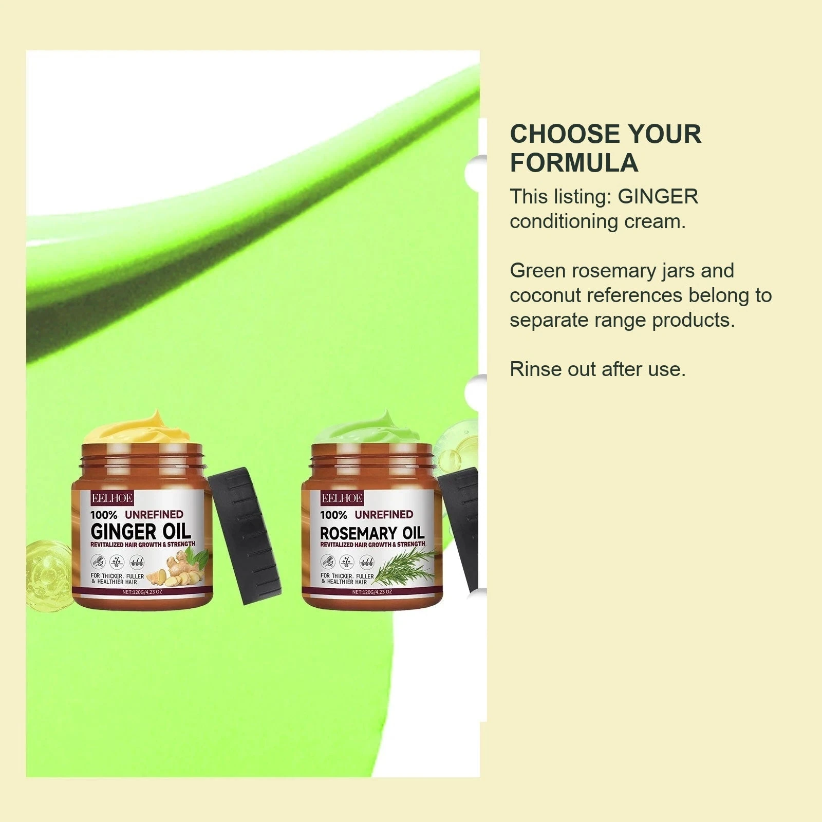 EELHOE Ginger Conditioner — Shared range artwork; coconut and rosemary references describe separate formulas.