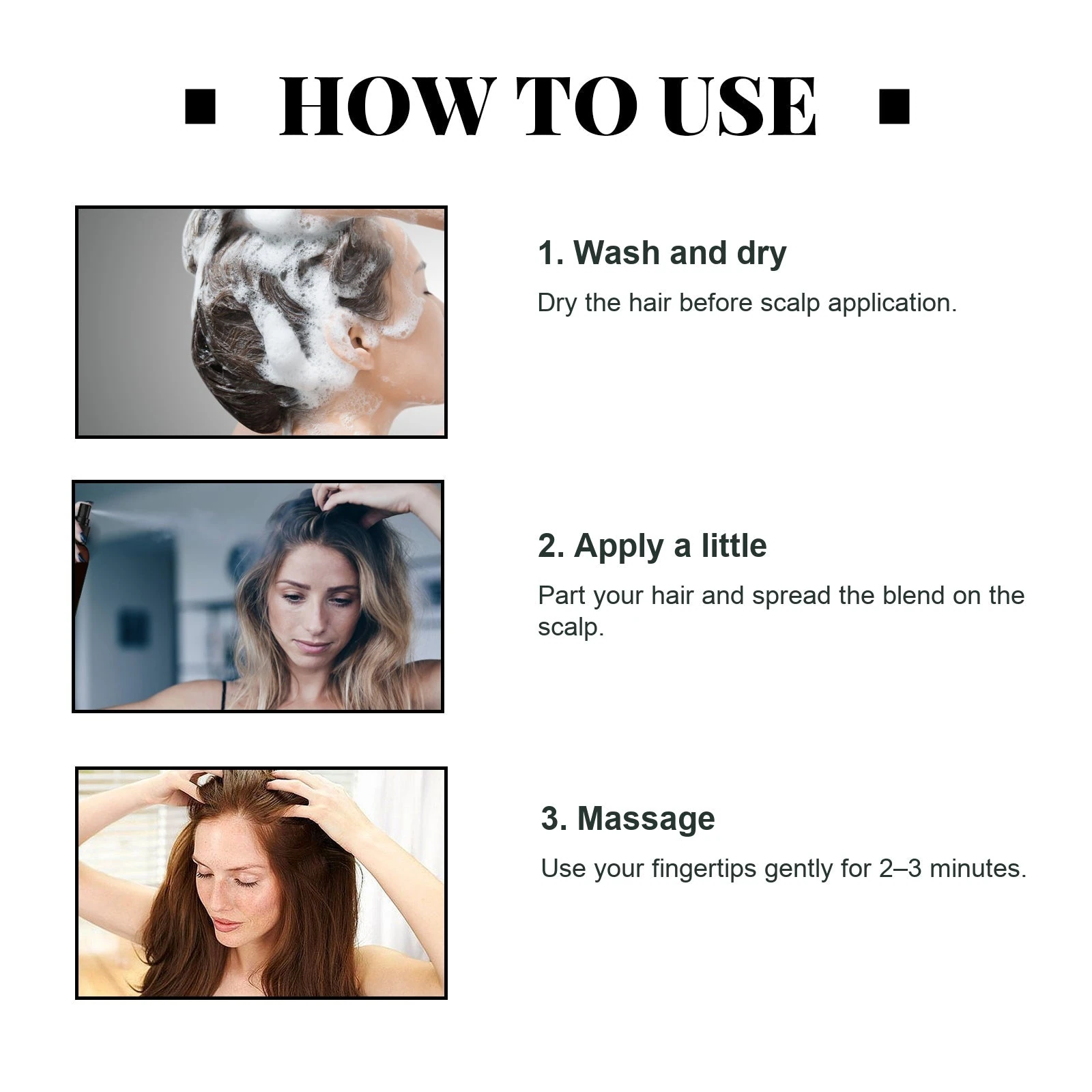 EELHOE Wash dry and scalp massage directions