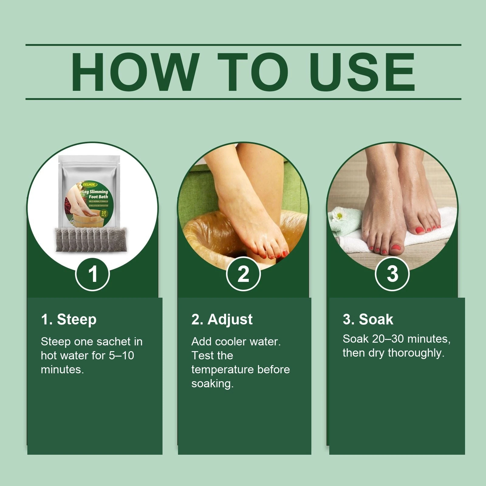 EELHOE Herbal Foot Soak — Steep 5–10 minutes, adjust the water, soak 20–30 minutes and dry.