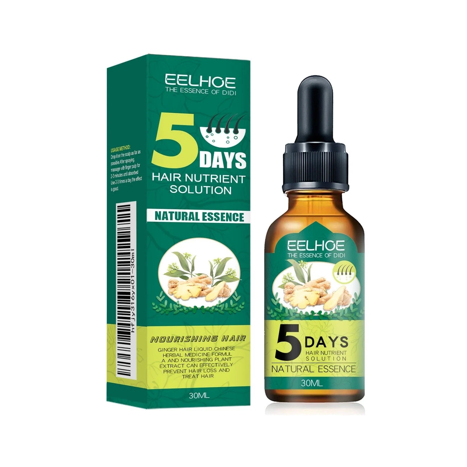 EELHOE ginger hair growth oil dropper bottle and green box