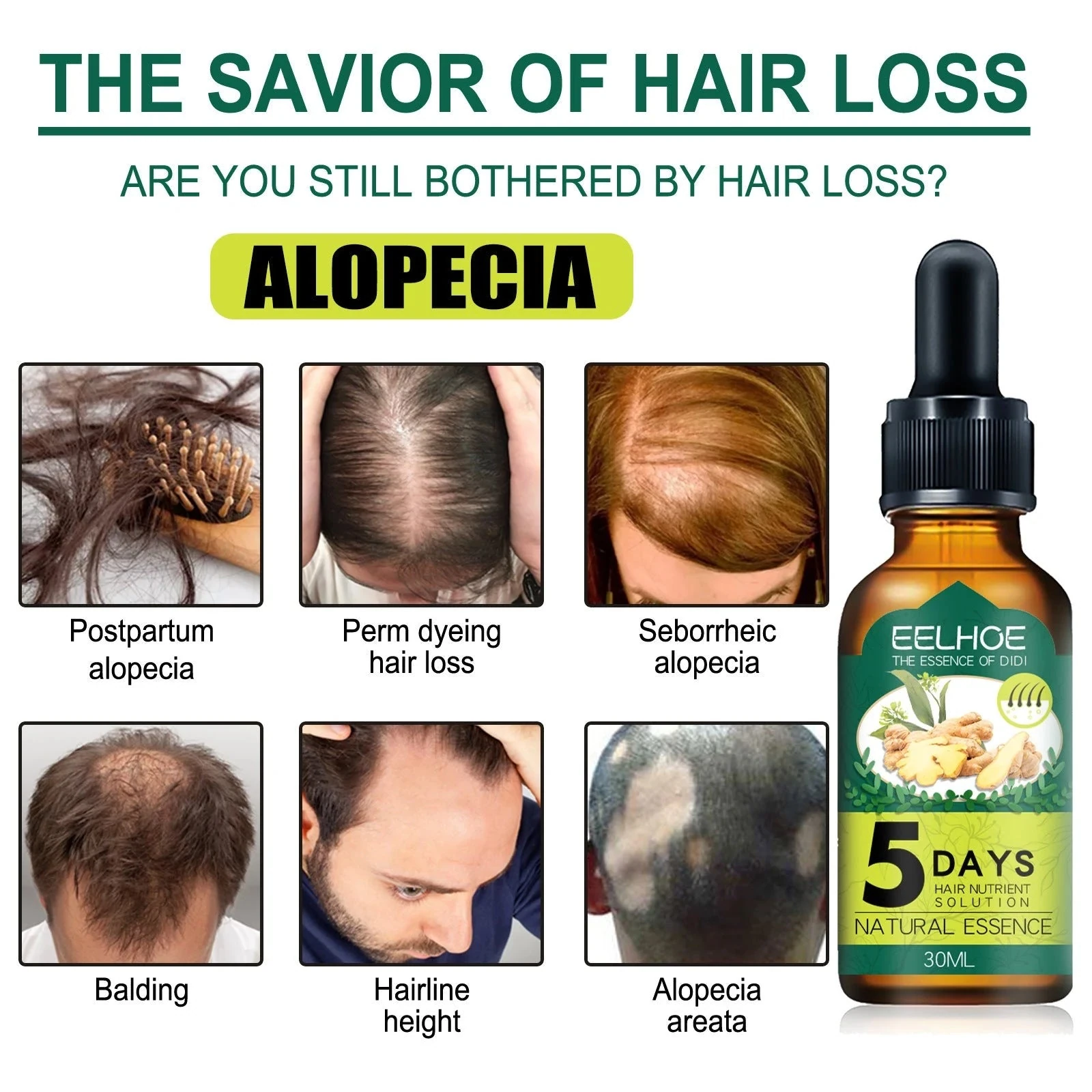 Ginger hair oil artwork showing common thinning-hair concerns
