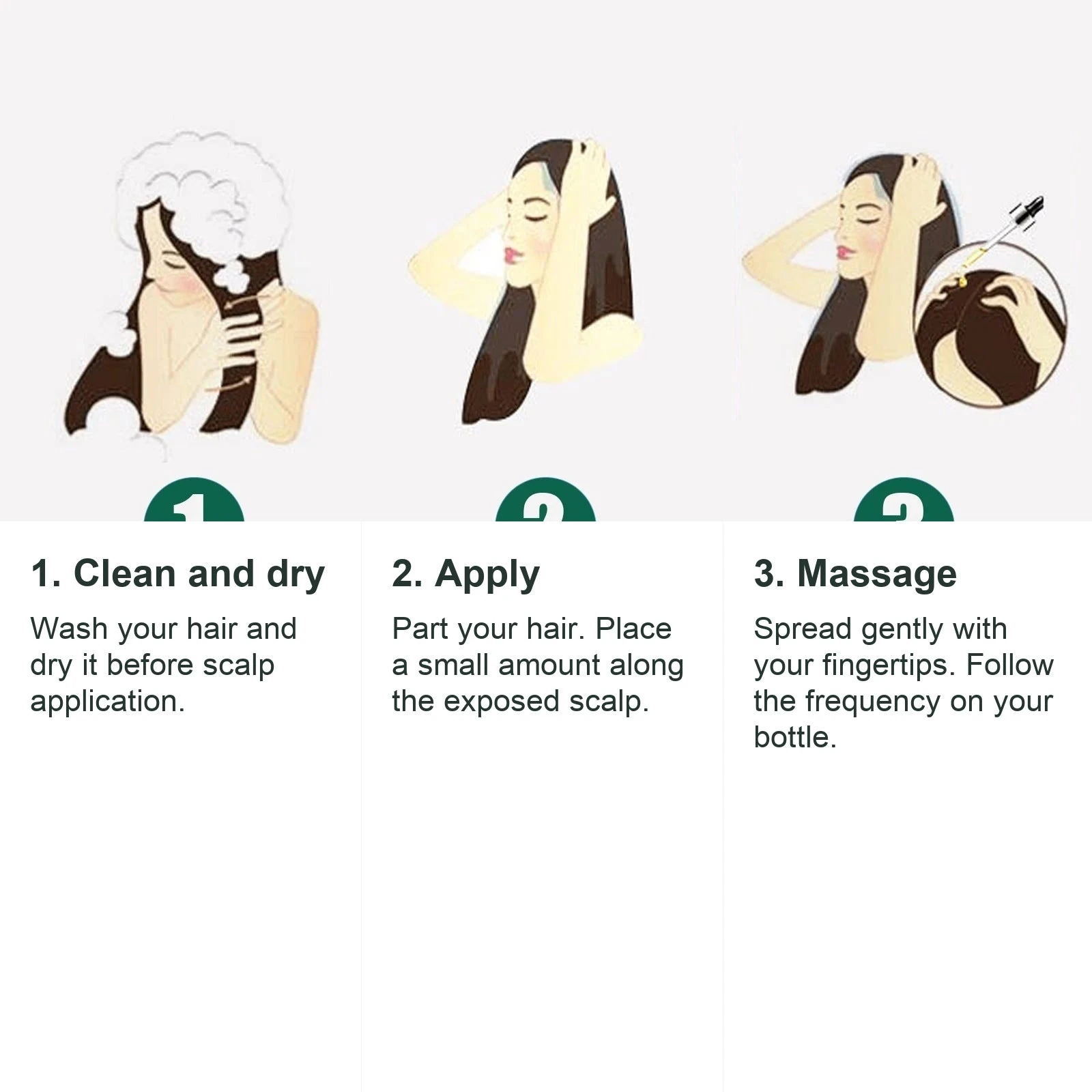 Three-step illustration for washing, drying and applying oil to the scalp