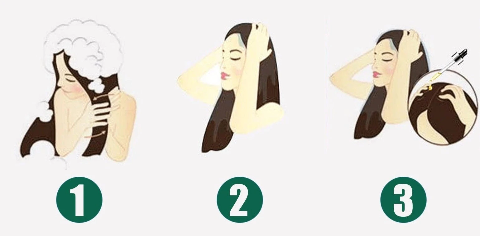 EELHOE Ginger Hair Growth Oil — Three-step illustration for scalp application.