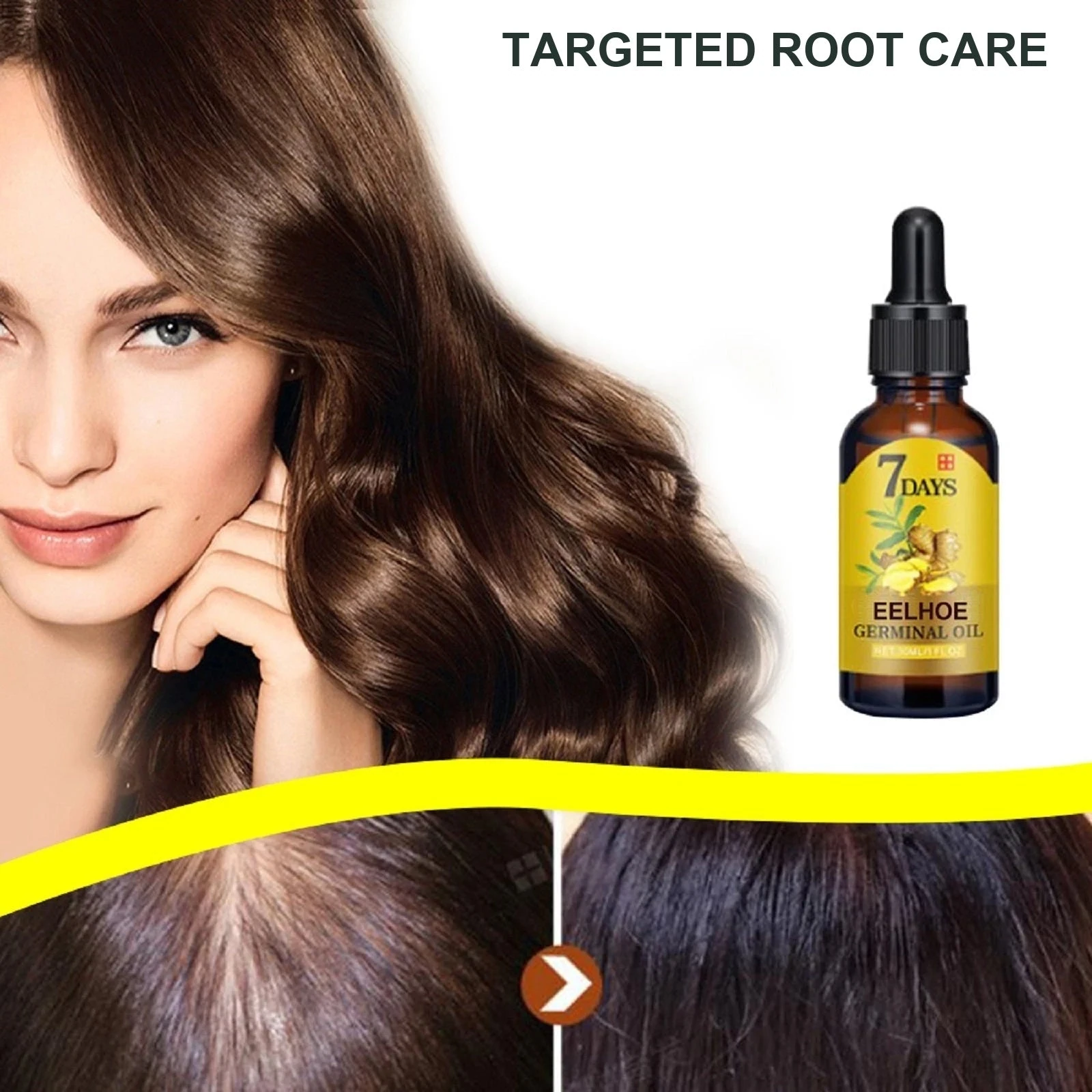 EELHOE Hair Tonic — Hair-parting artwork alongside the dropper bottle.