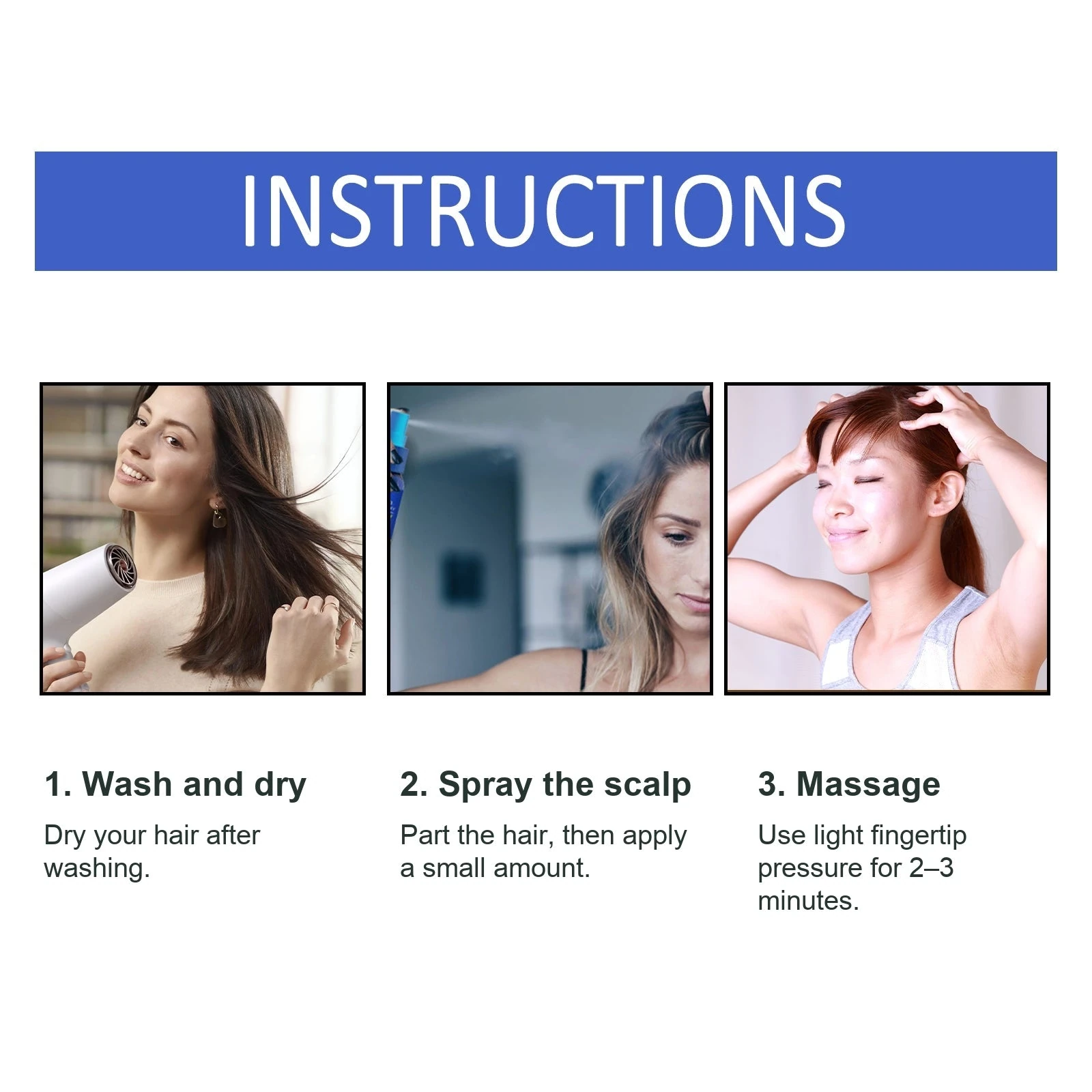Wash, dry, apply and massage directions for the ginger scalp spray