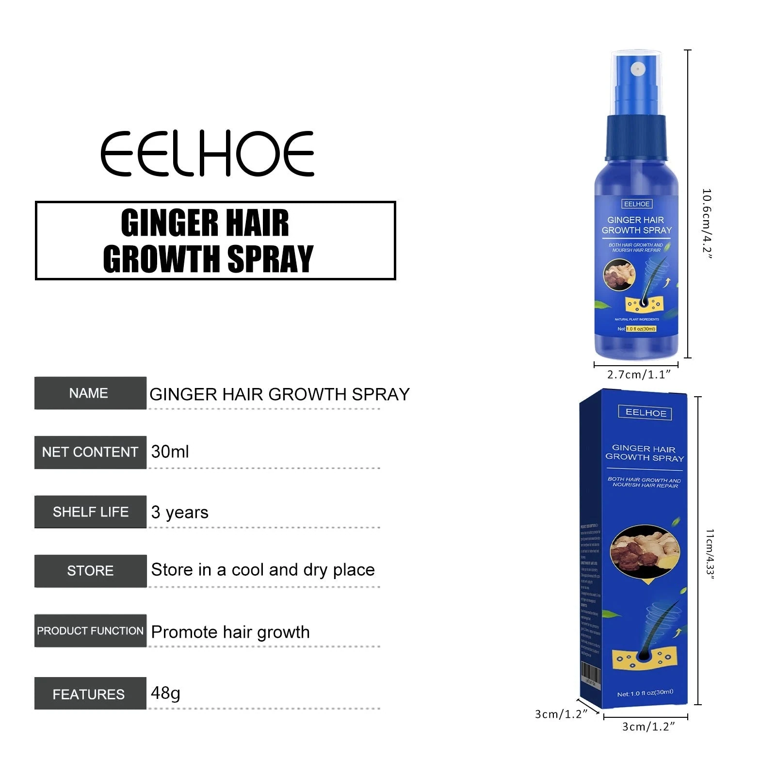 EELHOE Hair Growth Spray For Thinning Hair — The 30ml bottle, pack and size details.