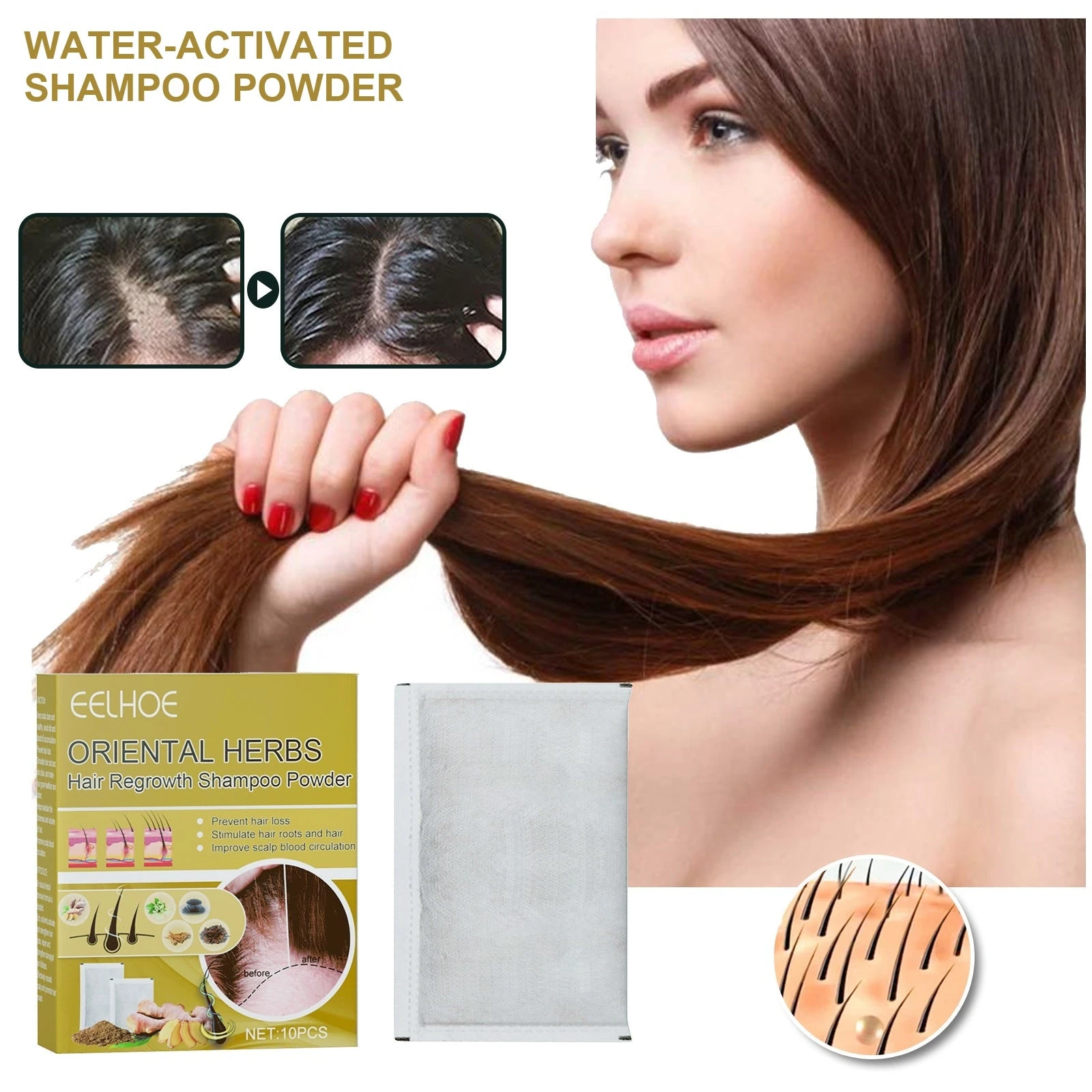 EELHOE Shampoo Powder — A botanical wash routine prepared with water.