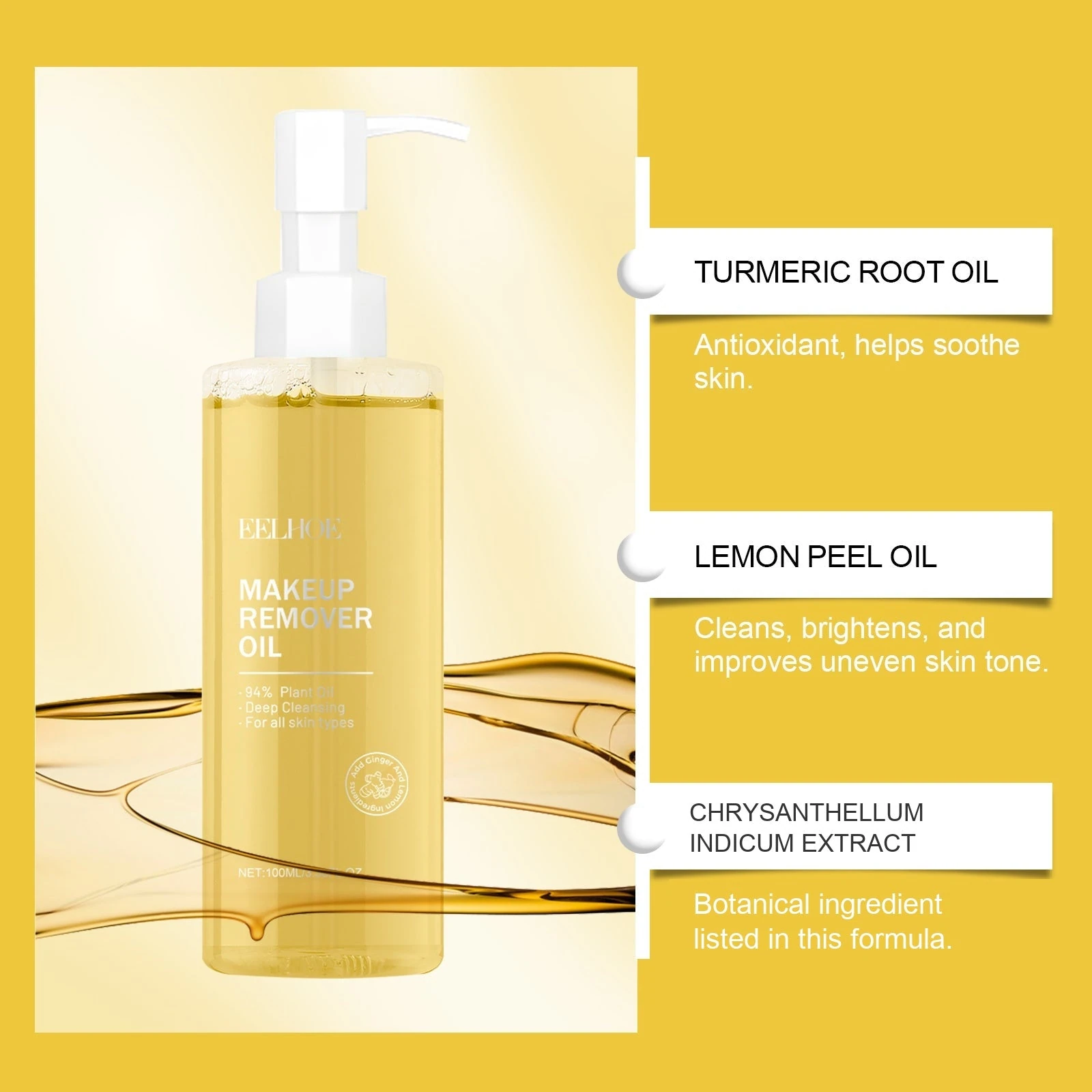 EELHOE facial cleansing oil ingredient artwork with turmeric root oil lemon peel oil and Chrysanthellum indicum