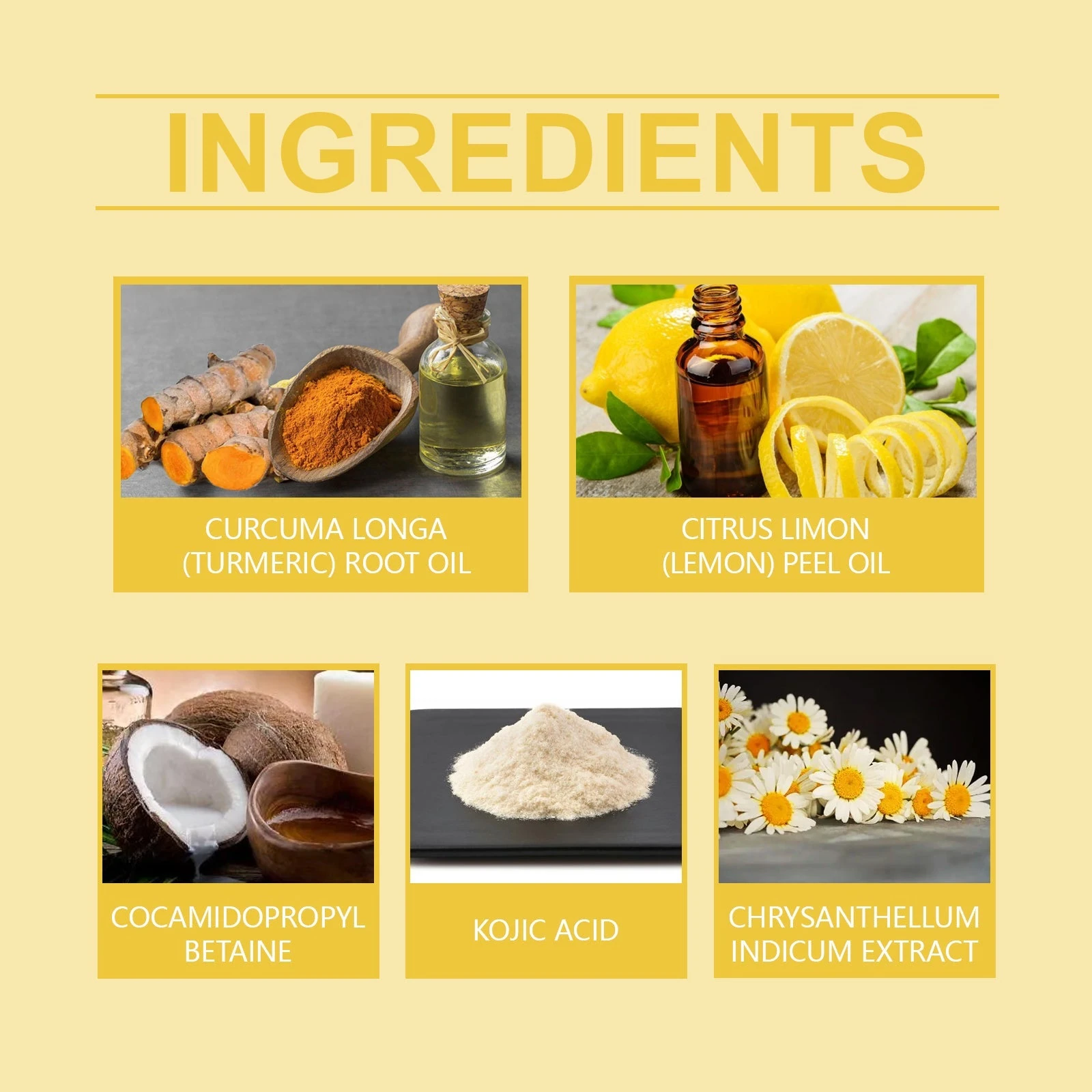 Facial cleansing oil ingredient panel with turmeric root oil lemon peel oil kojic acid and Chrysanthellum indicum