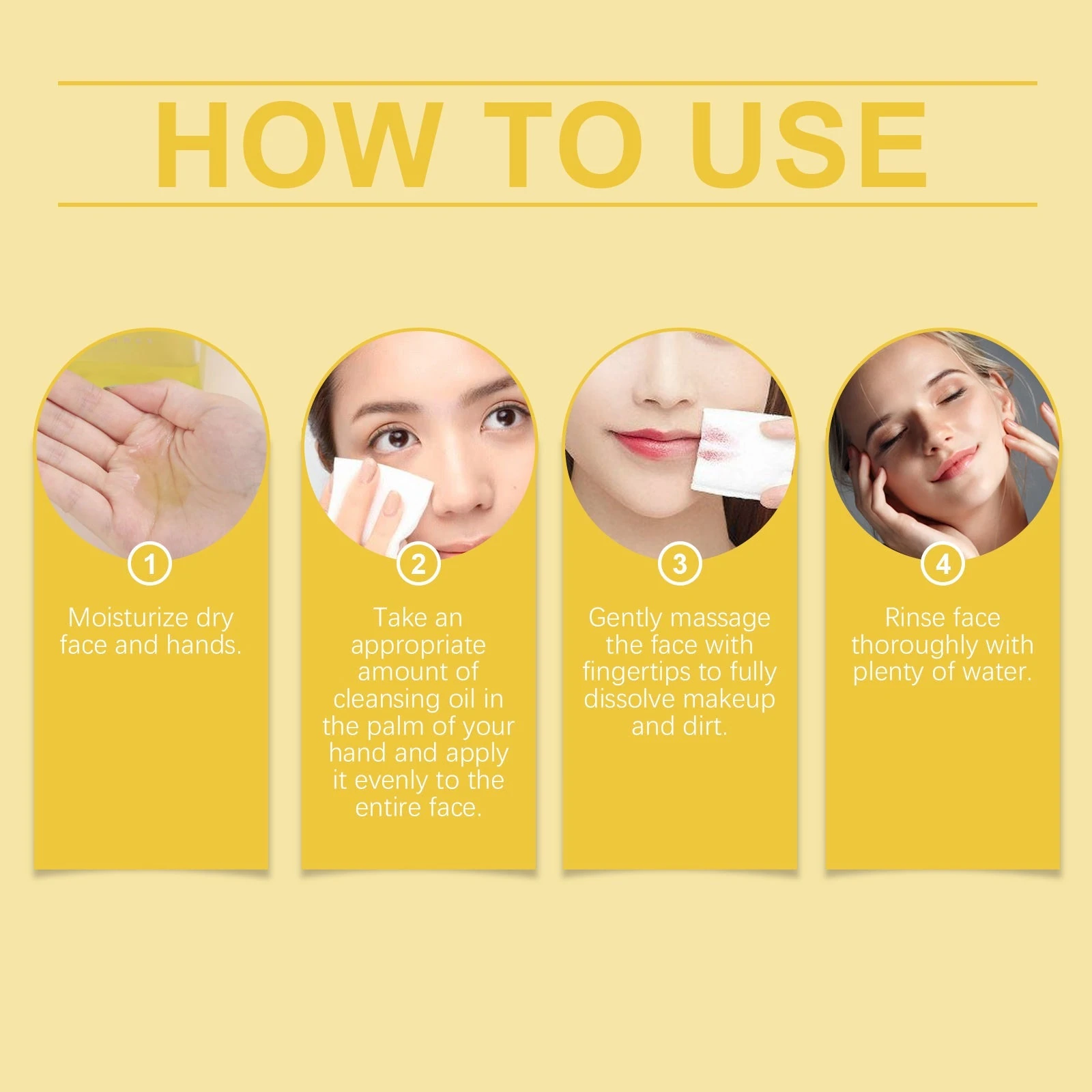 Facial cleansing oil guide showing dispensing massage and a thorough water rinse