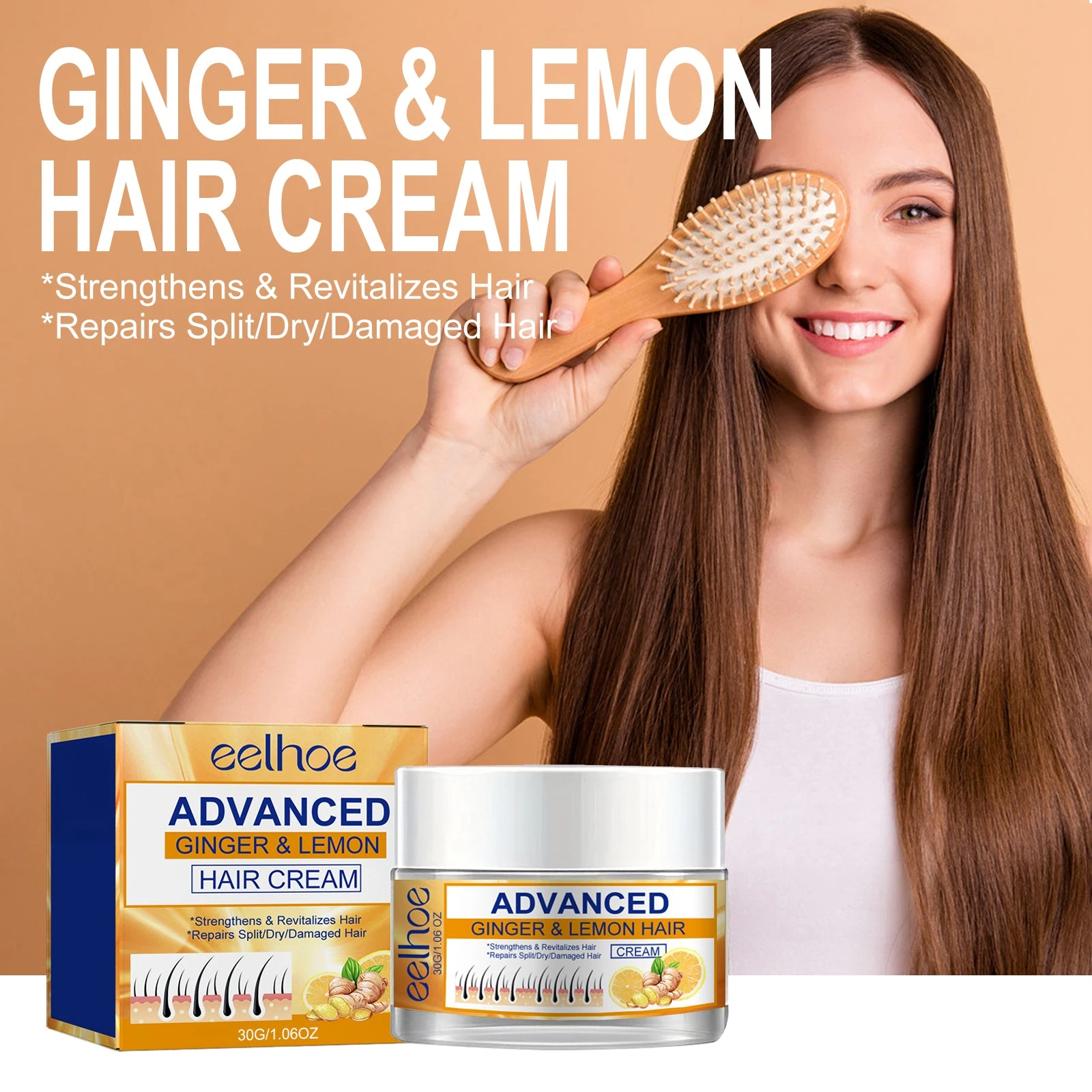 Ginger lemon hair cream jar beside a model holding a hairbrush