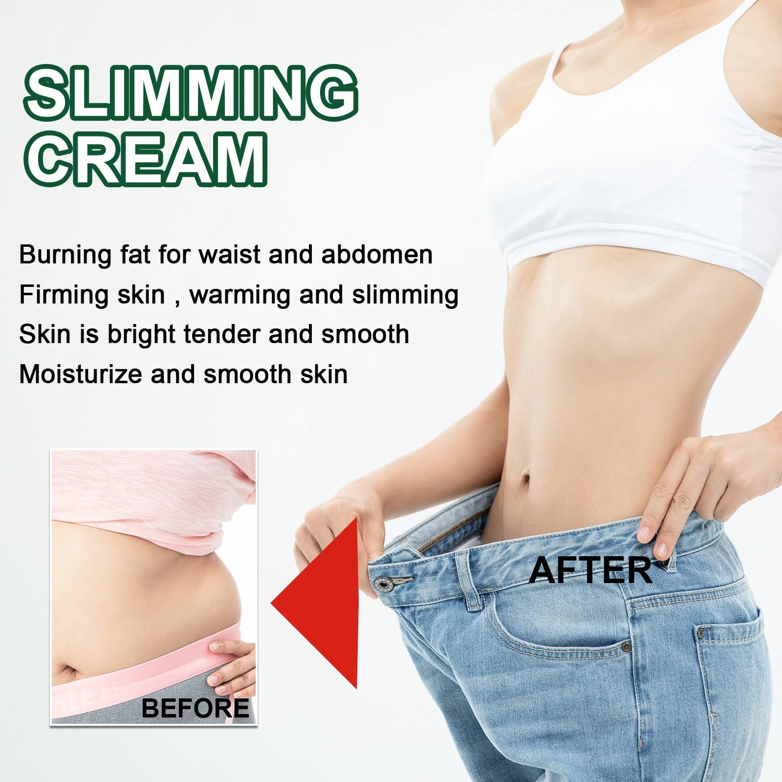 Green-jar ginger massage cream artwork featuring waist and abdomen care