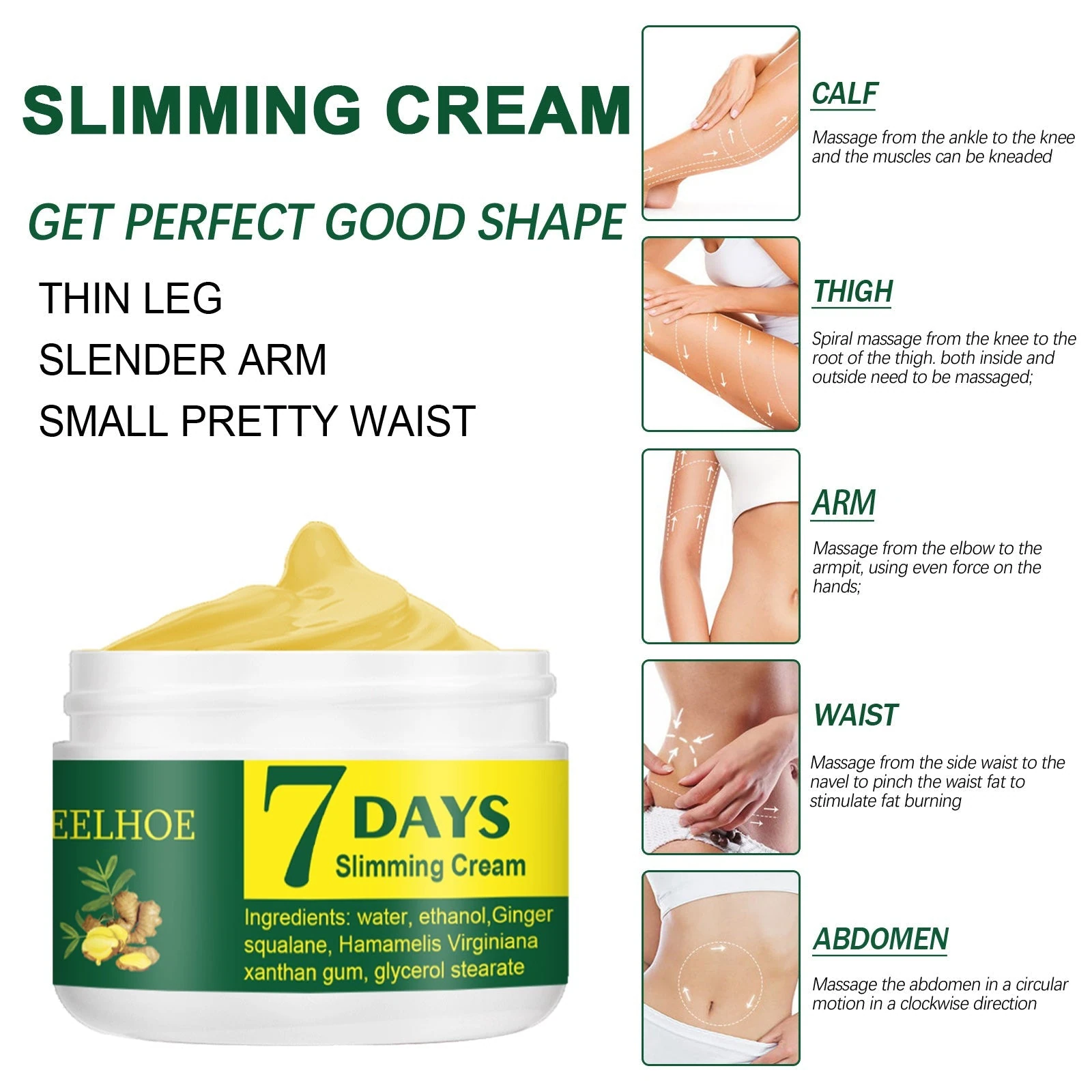 EELHOE green-jar body cream guide showing massage on calves thighs arms waist and abdomen