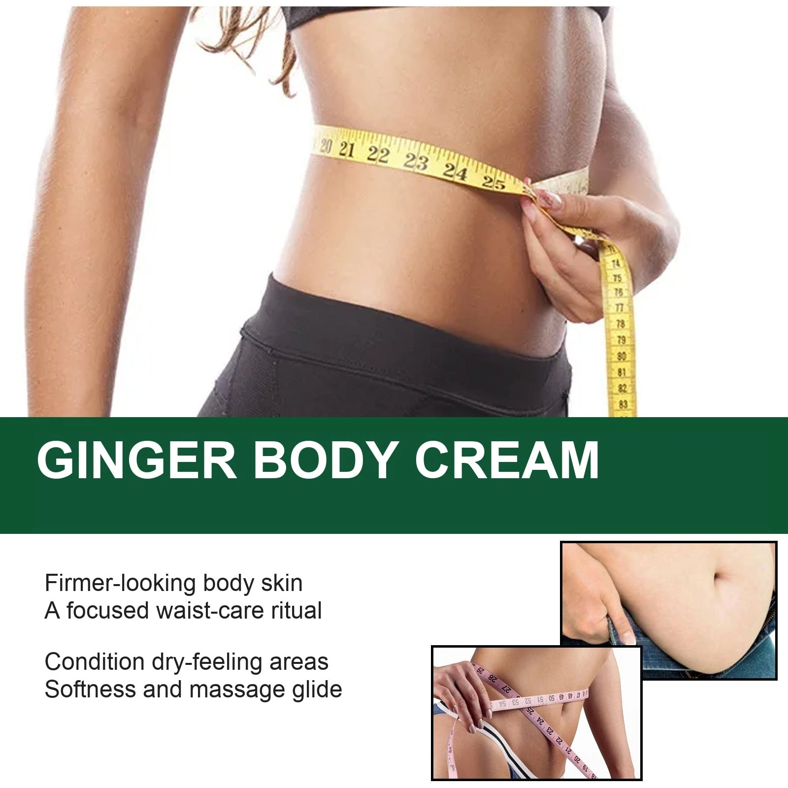 Original green-jar ginger body cream waist-care artwork with a tape-measure scene