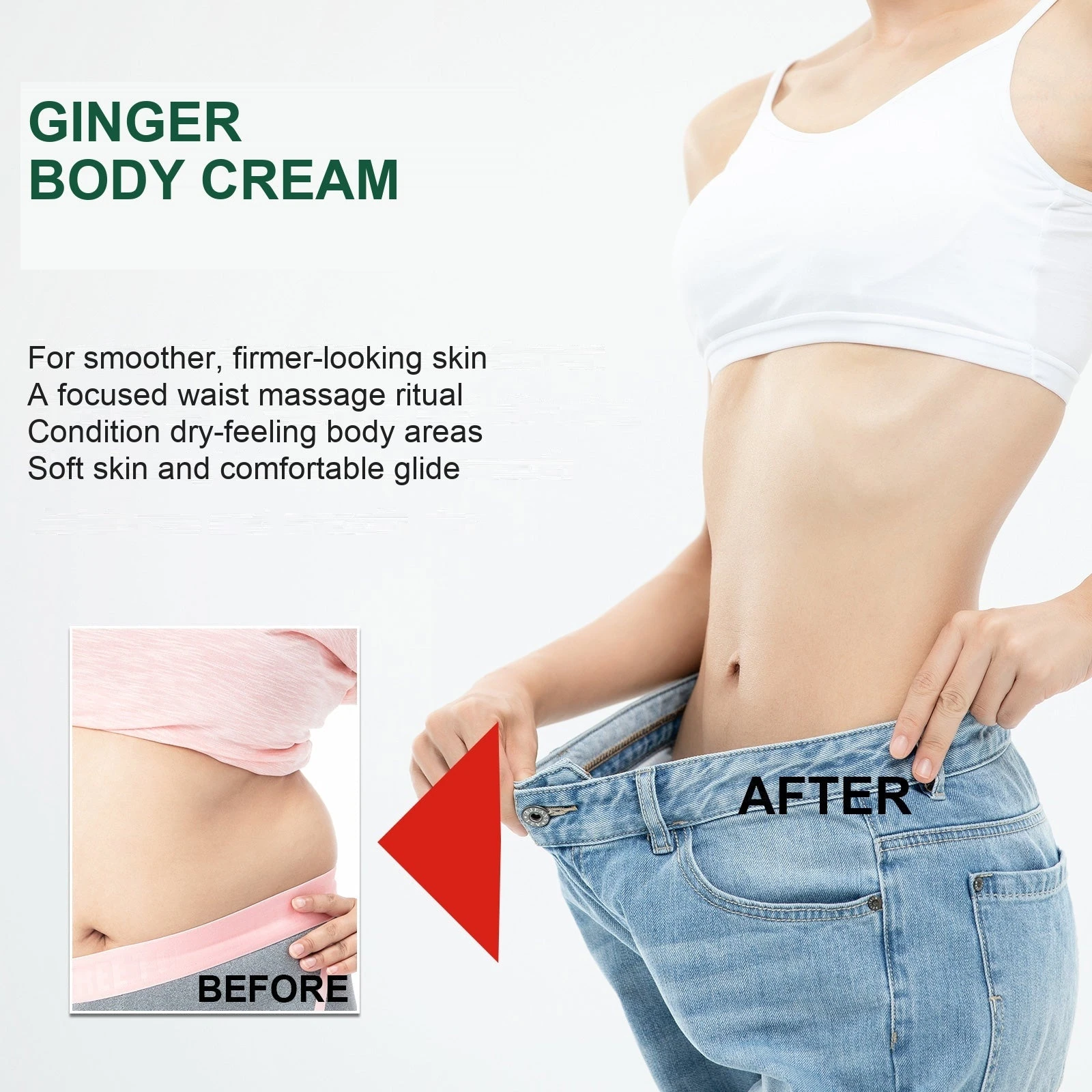 Green-jar ginger massage cream artwork featuring waist and abdomen care