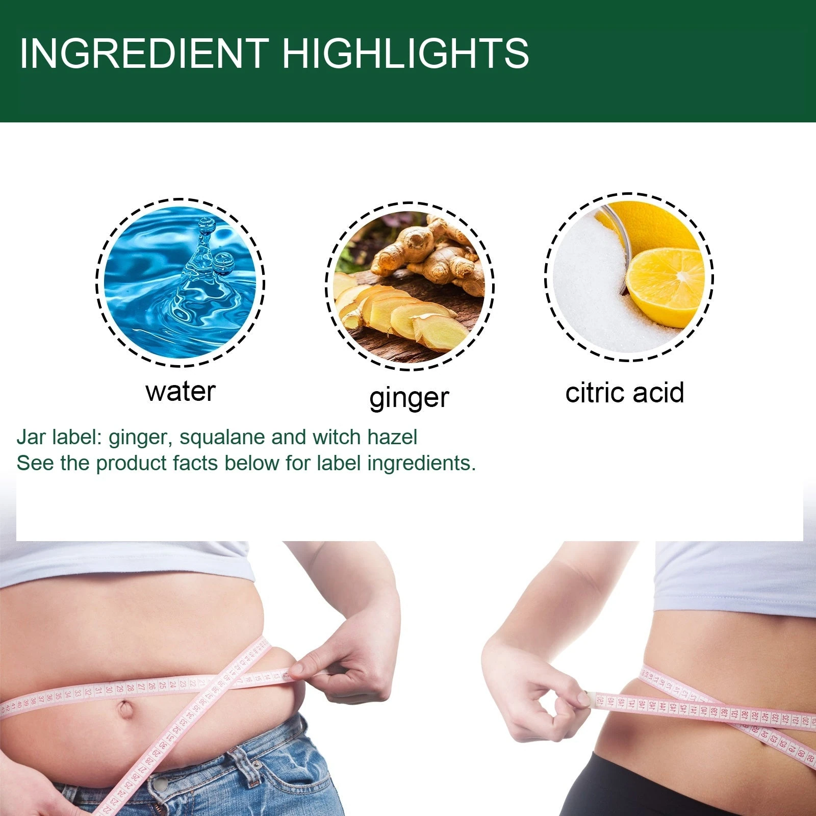 Green-jar ginger body cream ingredient artwork showing water ginger and citric acid