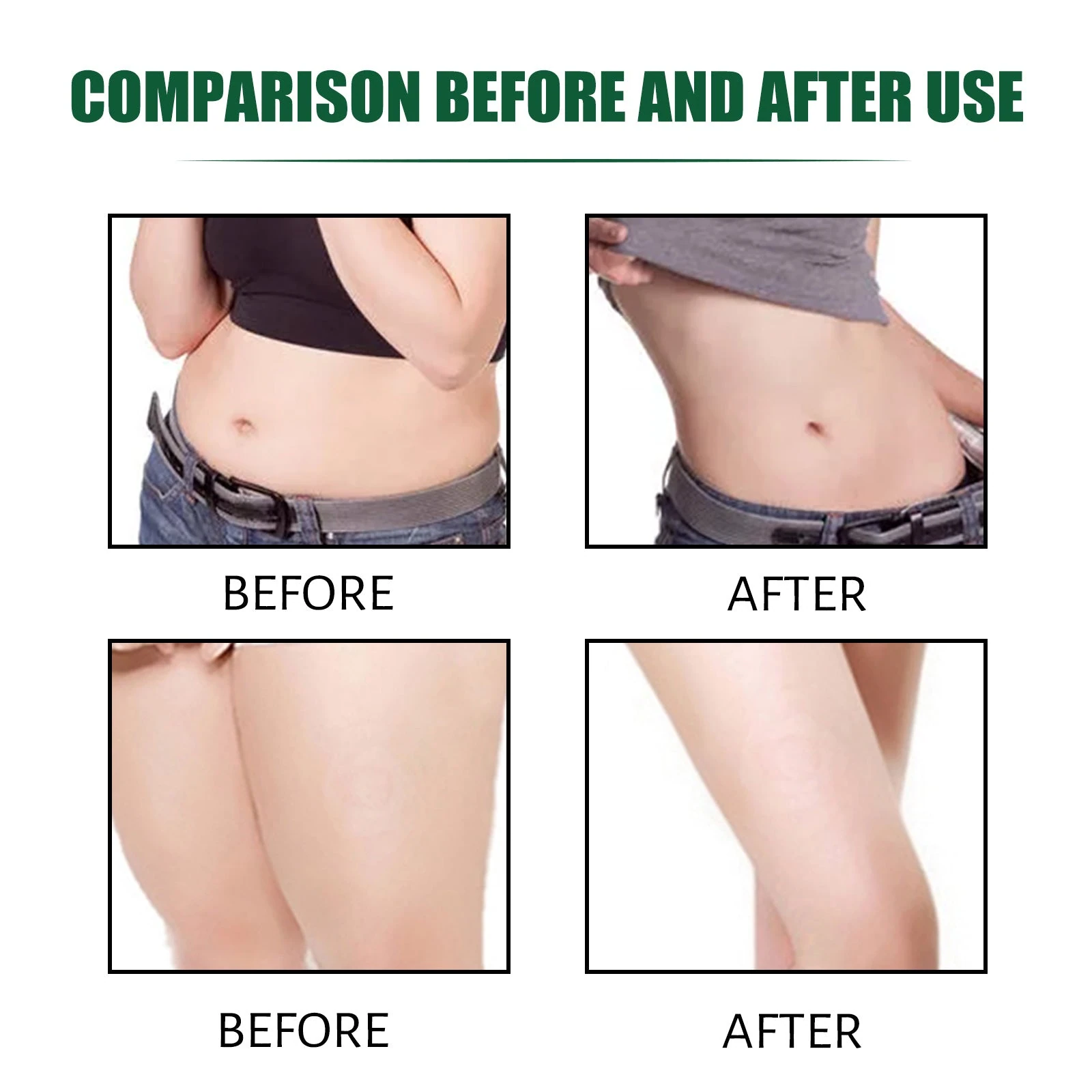Green-jar ginger cream promotional artwork with waist and thigh appearance comparisons