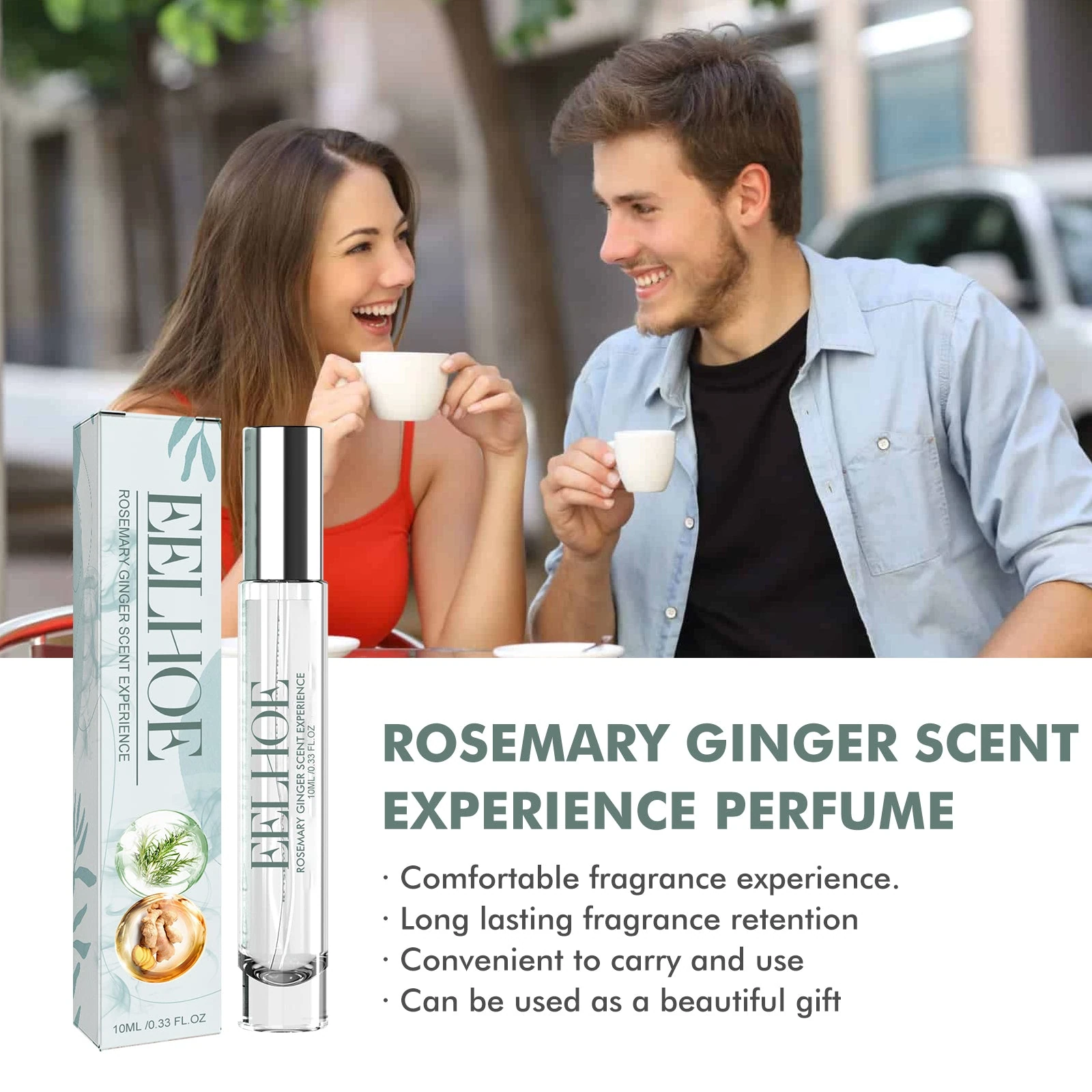 Rosemary ginger perfume shown with a couple outdoors