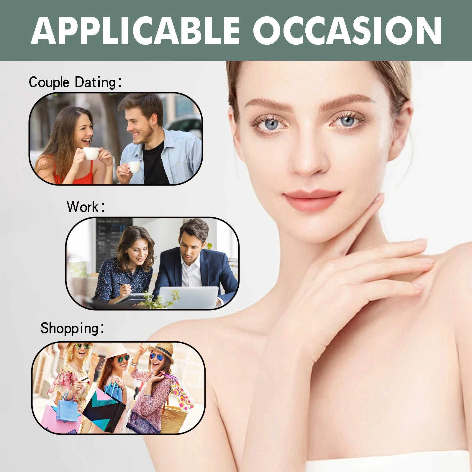 Perfume artwork depicting work, shopping and social occasions