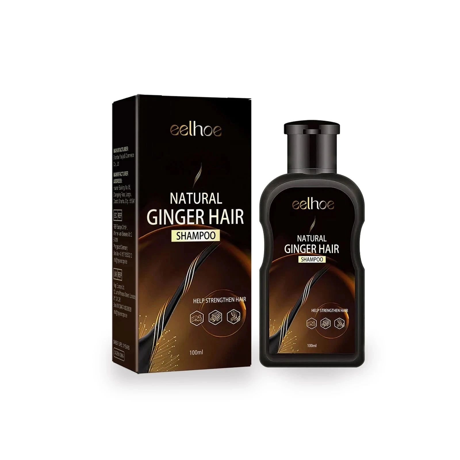 EELHOE Ginger Hair Shampoo — The 100ml black bottle and matching box.