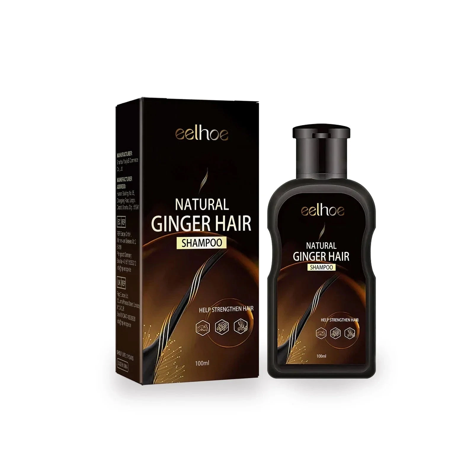 EELHOE 100ml black-bottle ginger hair shampoo with matching carton
