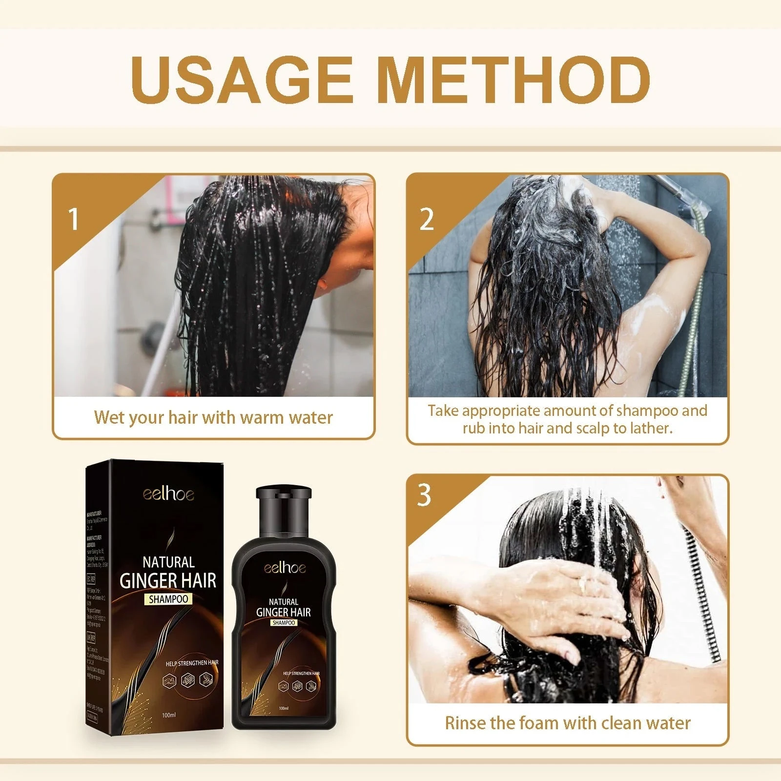 EELHOE Ginger Hair Shampoo — Wet hair, lather at the scalp and rinse thoroughly.
