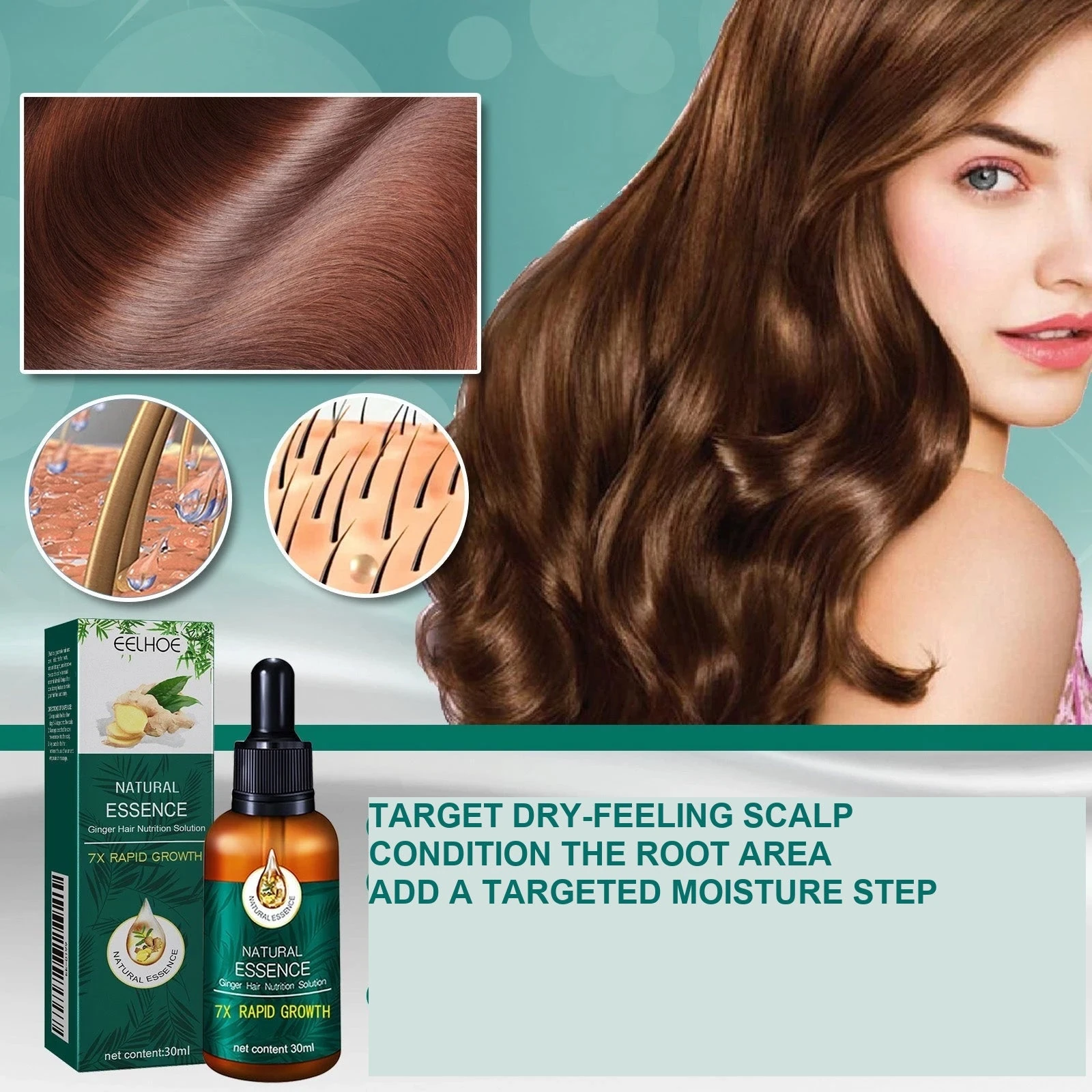 EELHOE ginger scalp oil artwork showing the roots and hair appearance