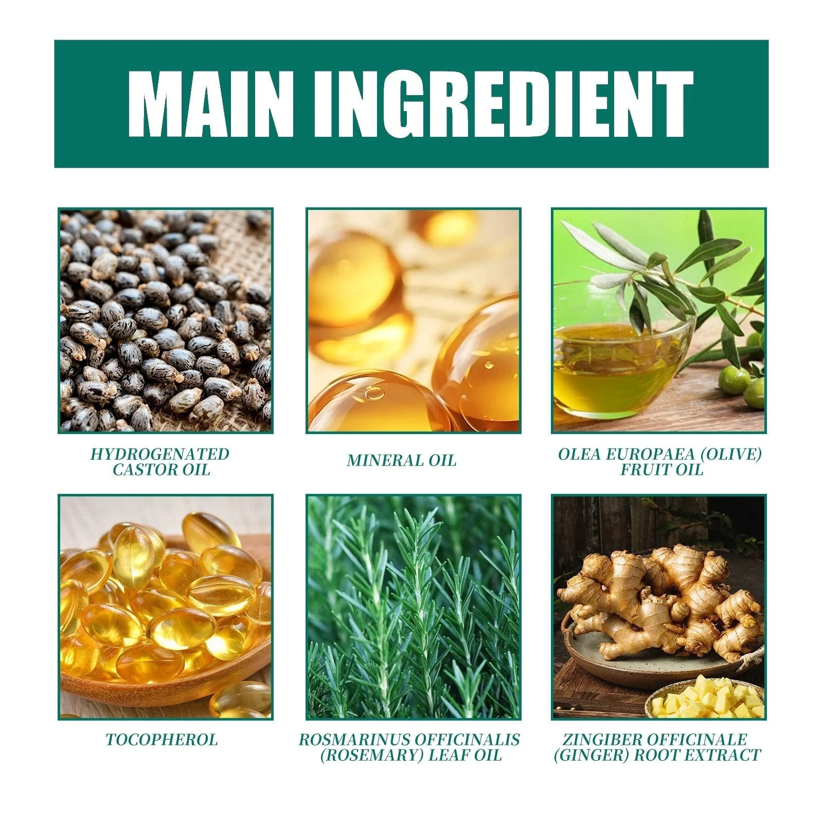 Ingredient panel showing castor mineral and olive oils with tocopherol rosemary and ginger