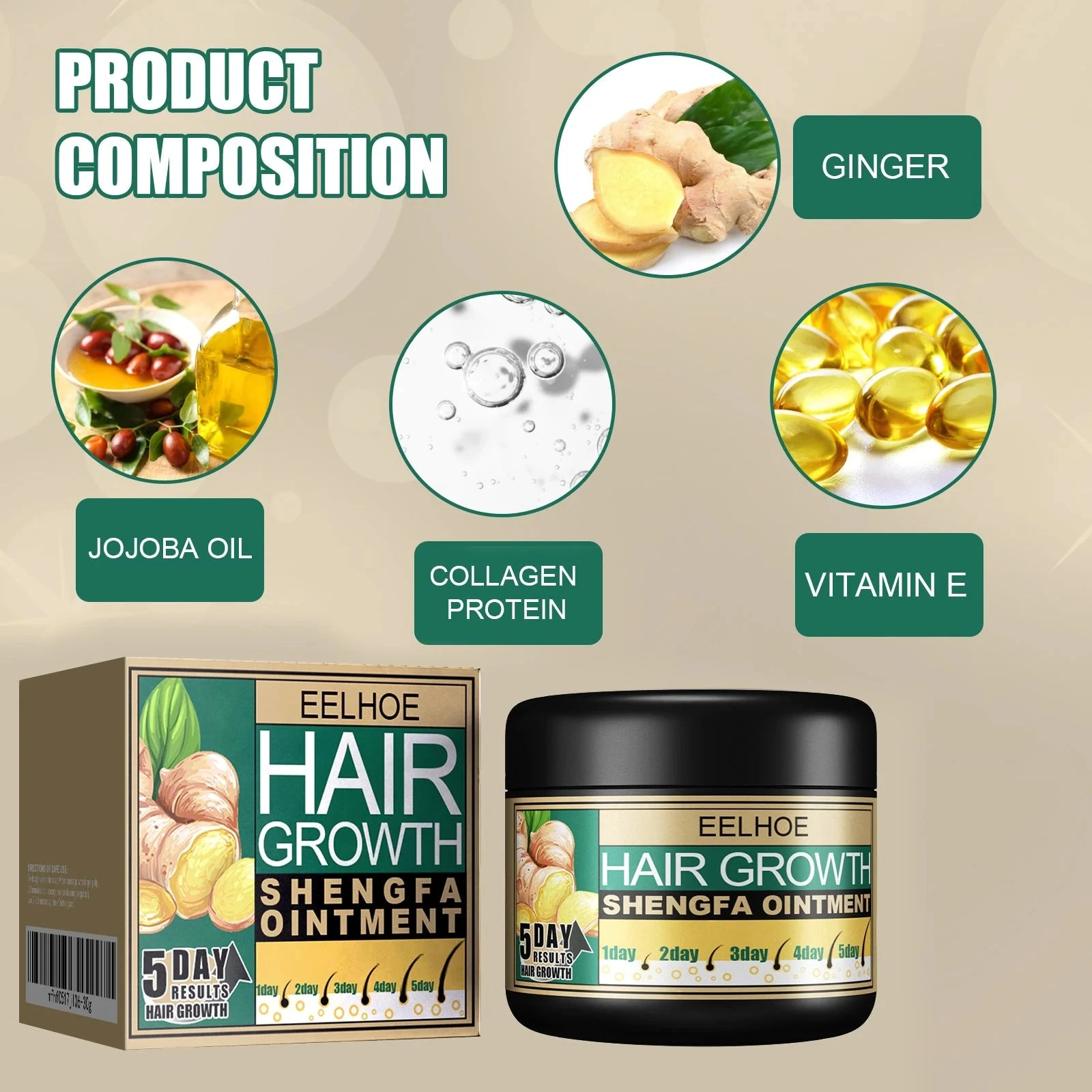 EELHOE Scalp Moisturizer — Ginger, jojoba oil, collagen protein and vitamin E highlights.