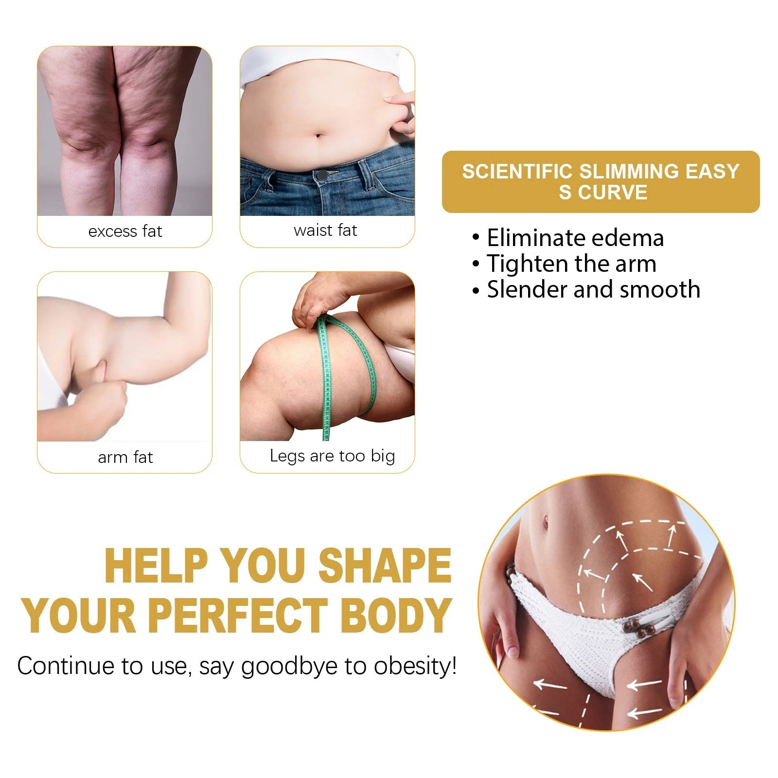 Ginger body massage cream artwork showing waist arm and thigh care concerns
