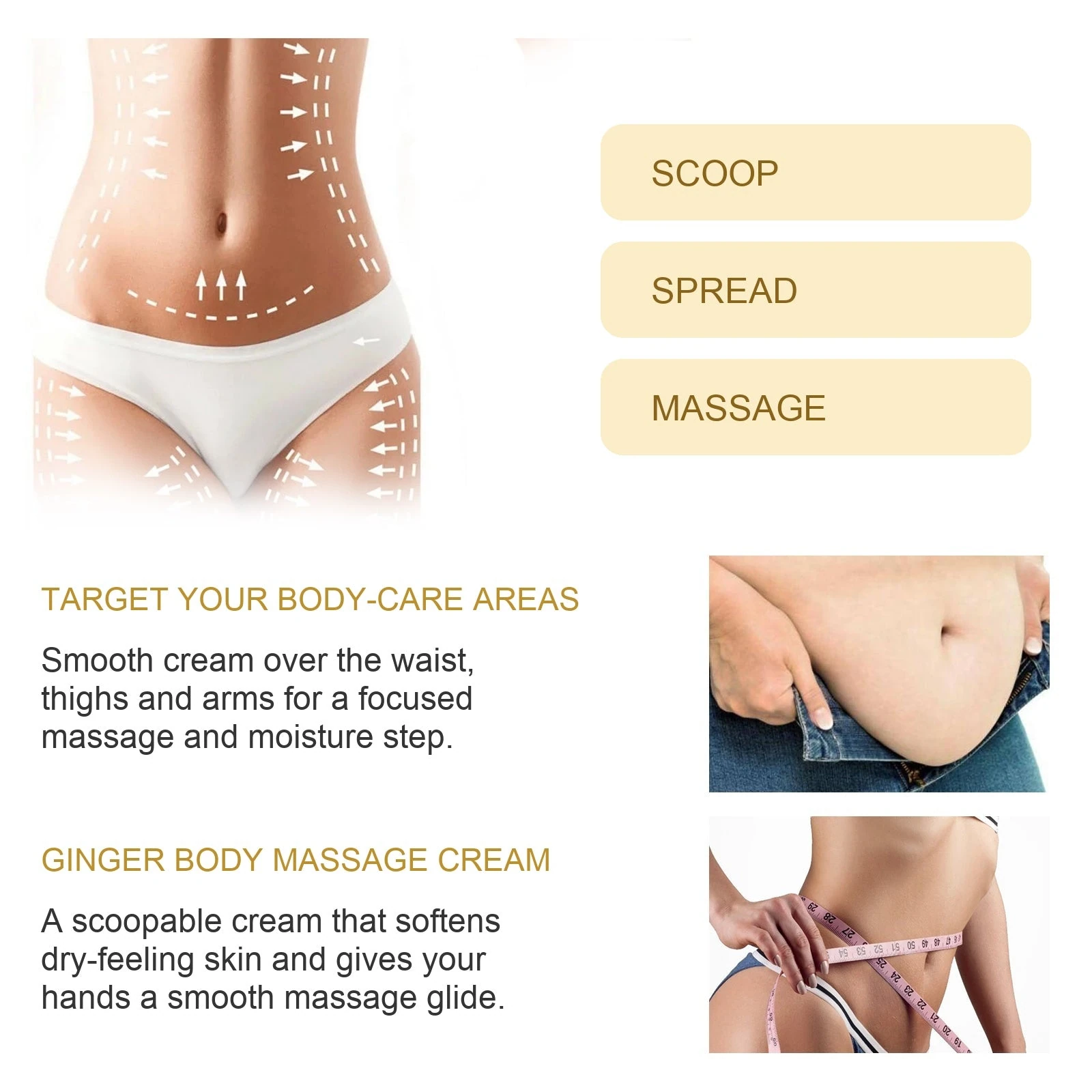 Original body-care imagery with corrected ginger cream format and scoop spread massage steps