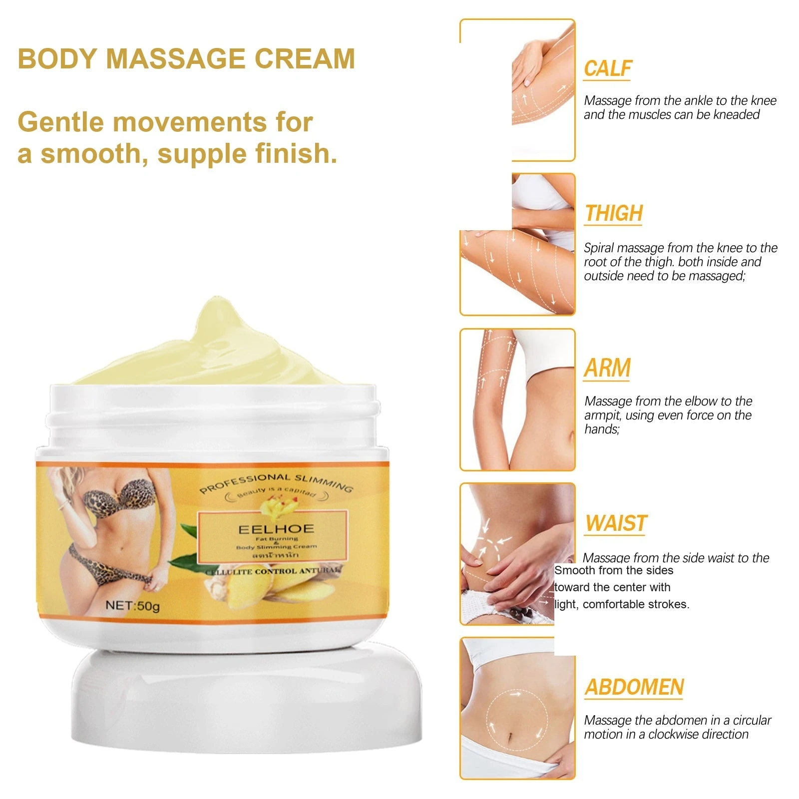 EELHOE massage directions illustrating calves thighs arms waist and abdomen