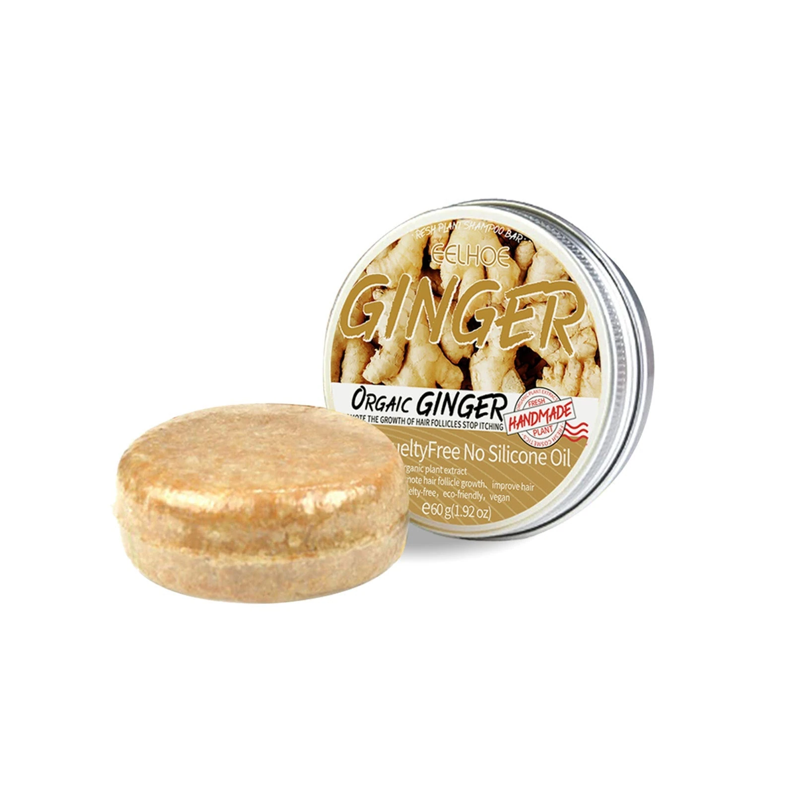 Solid ginger shampoo bar and its product packaging