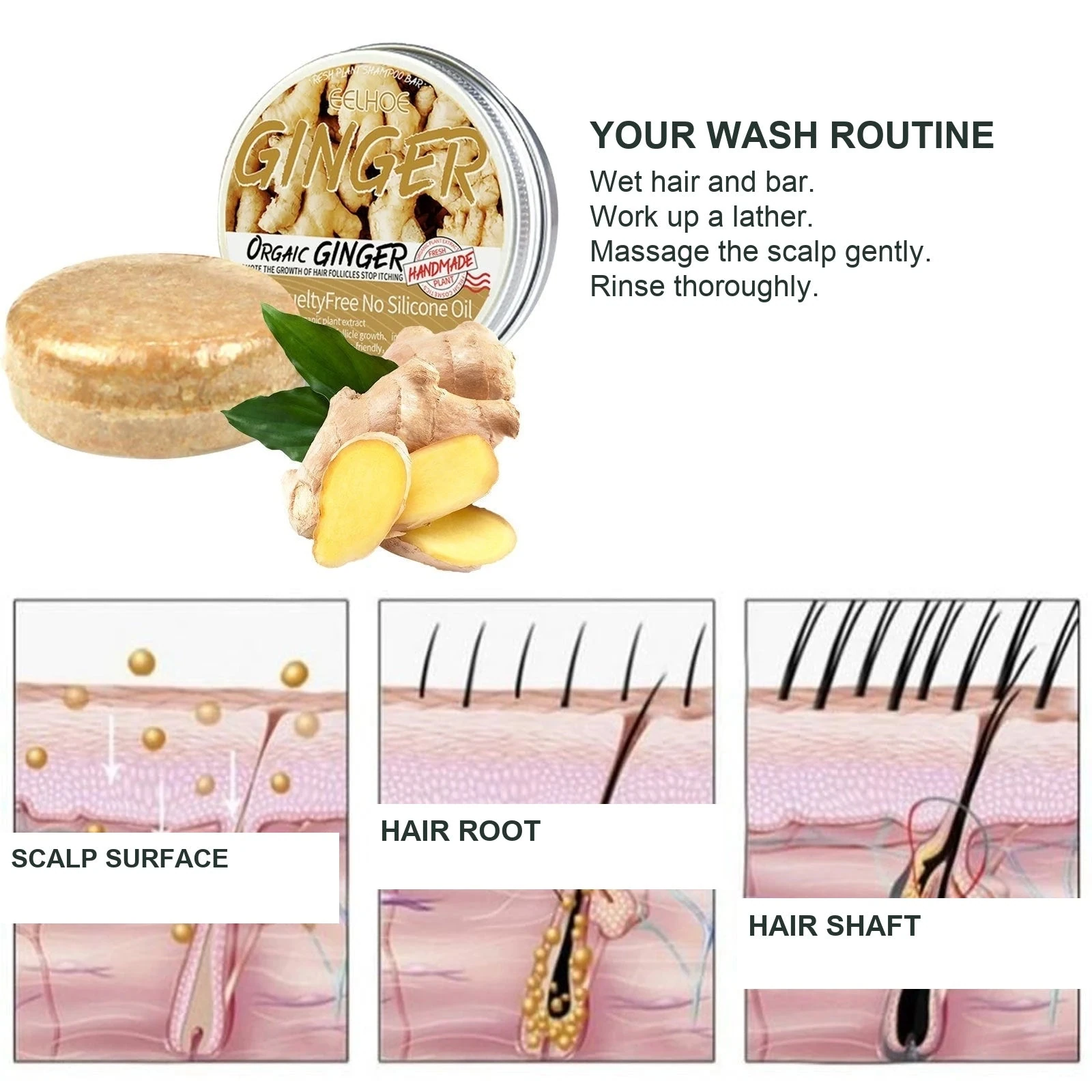 EELHOE Shampoo Bar for Oily Hair — Wet the hair, cleanse the scalp and rinse completely.