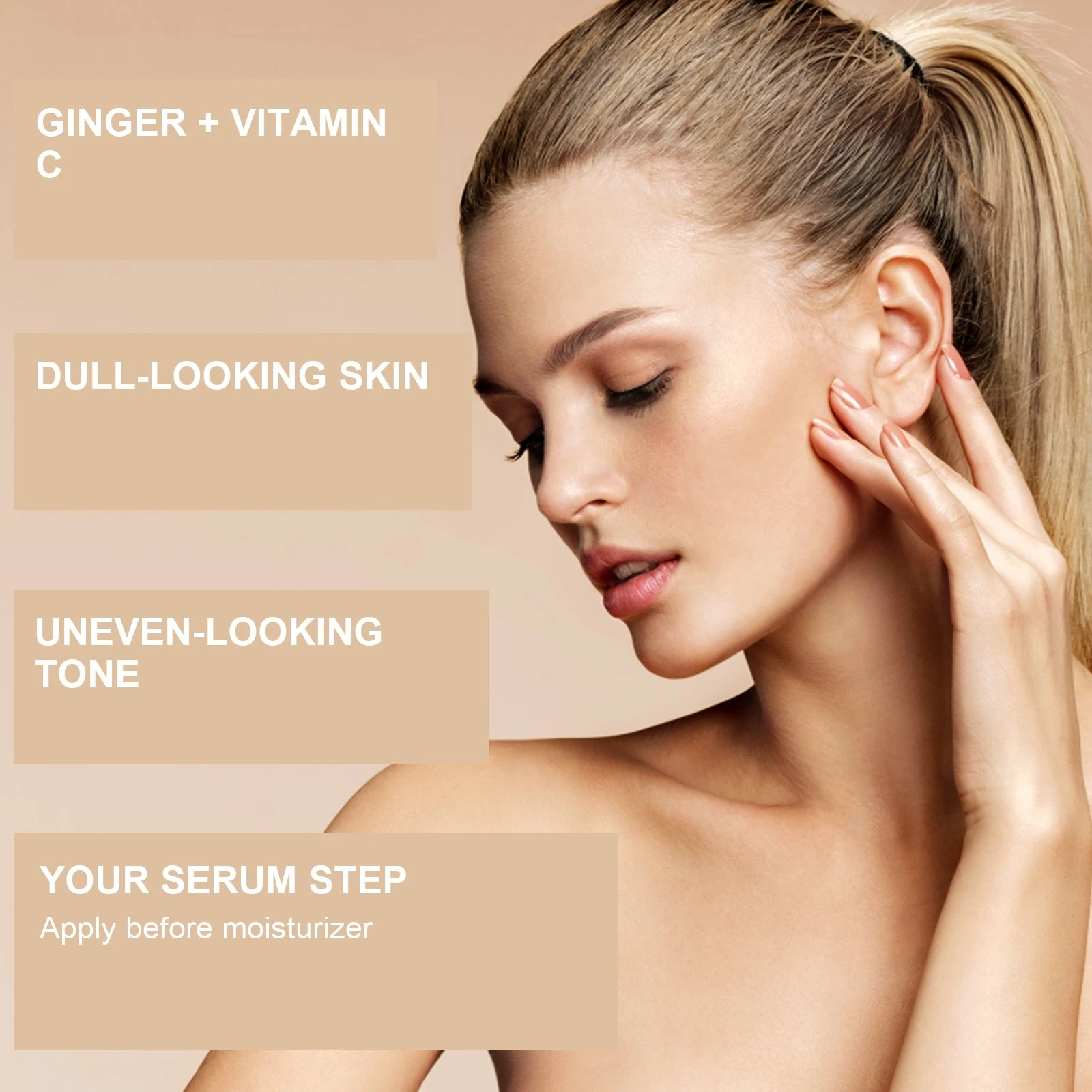 EELHOE Vitamin C Face Serum — Ginger vitamin C tone-care photograph with corrected benefit wording.