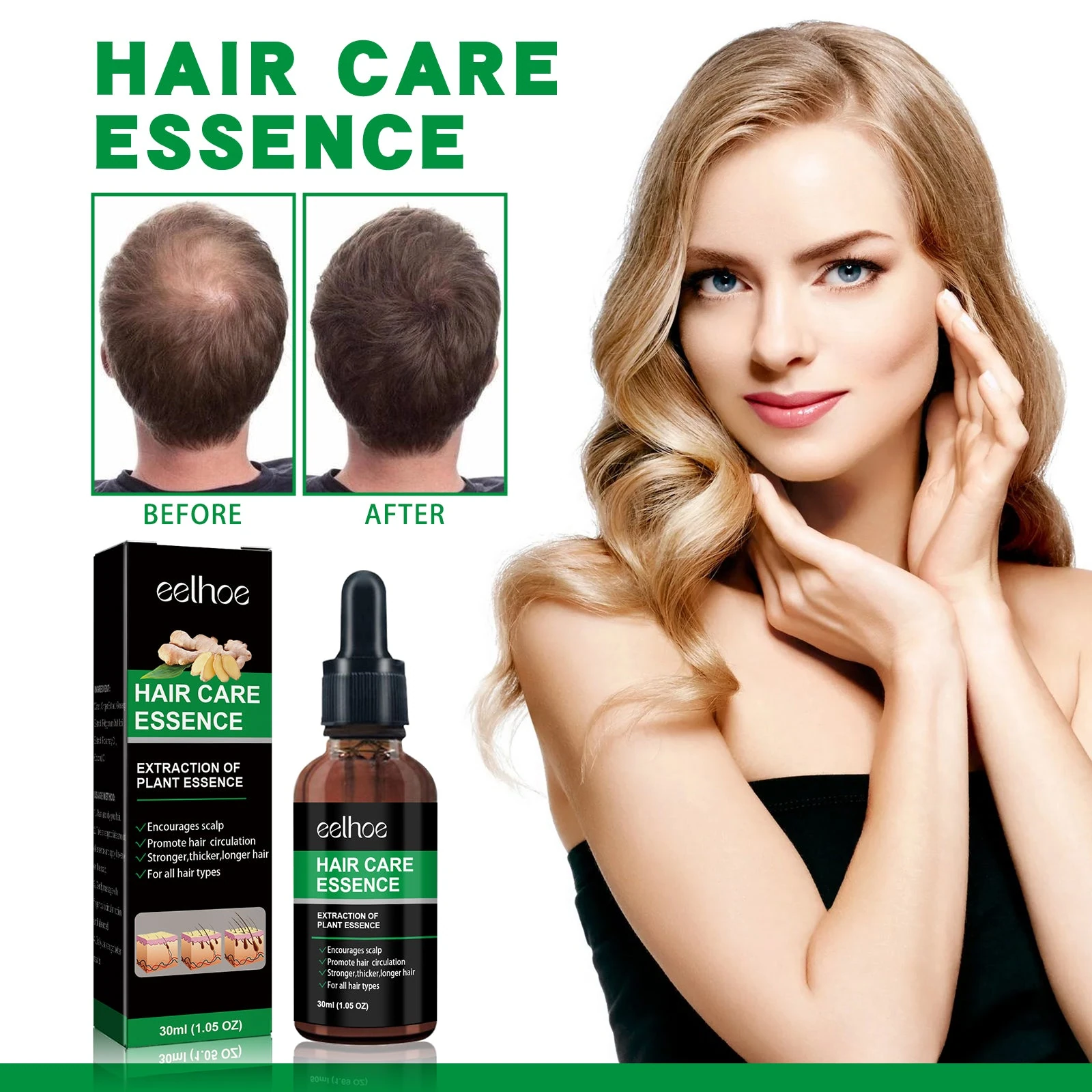 Hair care essence with model and hair-density comparison artwork