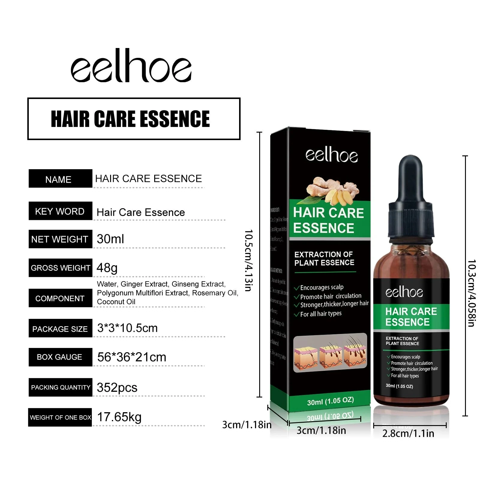EELHOE Lightweight Scalp Serum — 30ml bottle and carton dimensions.