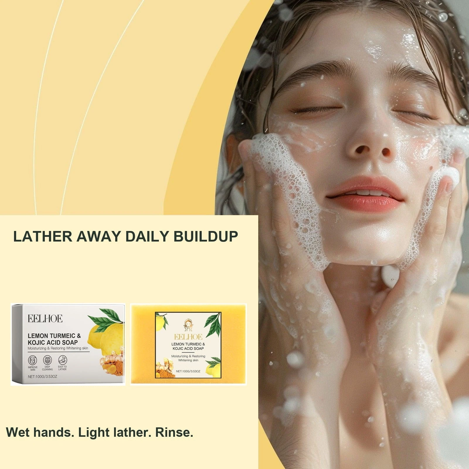 Square lemon turmeric soap packaging beside facial cleansing demonstration