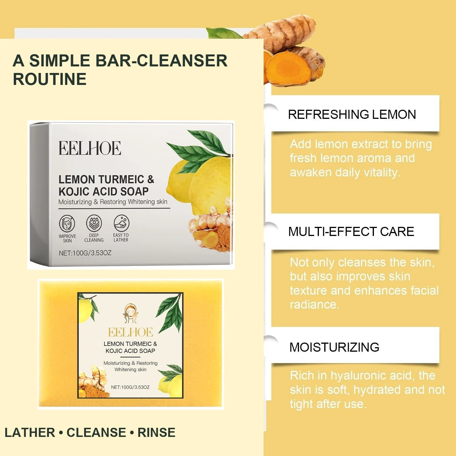 EELHOE Lemon Turmeric Soap — The real square bar and matching box identify this listing.