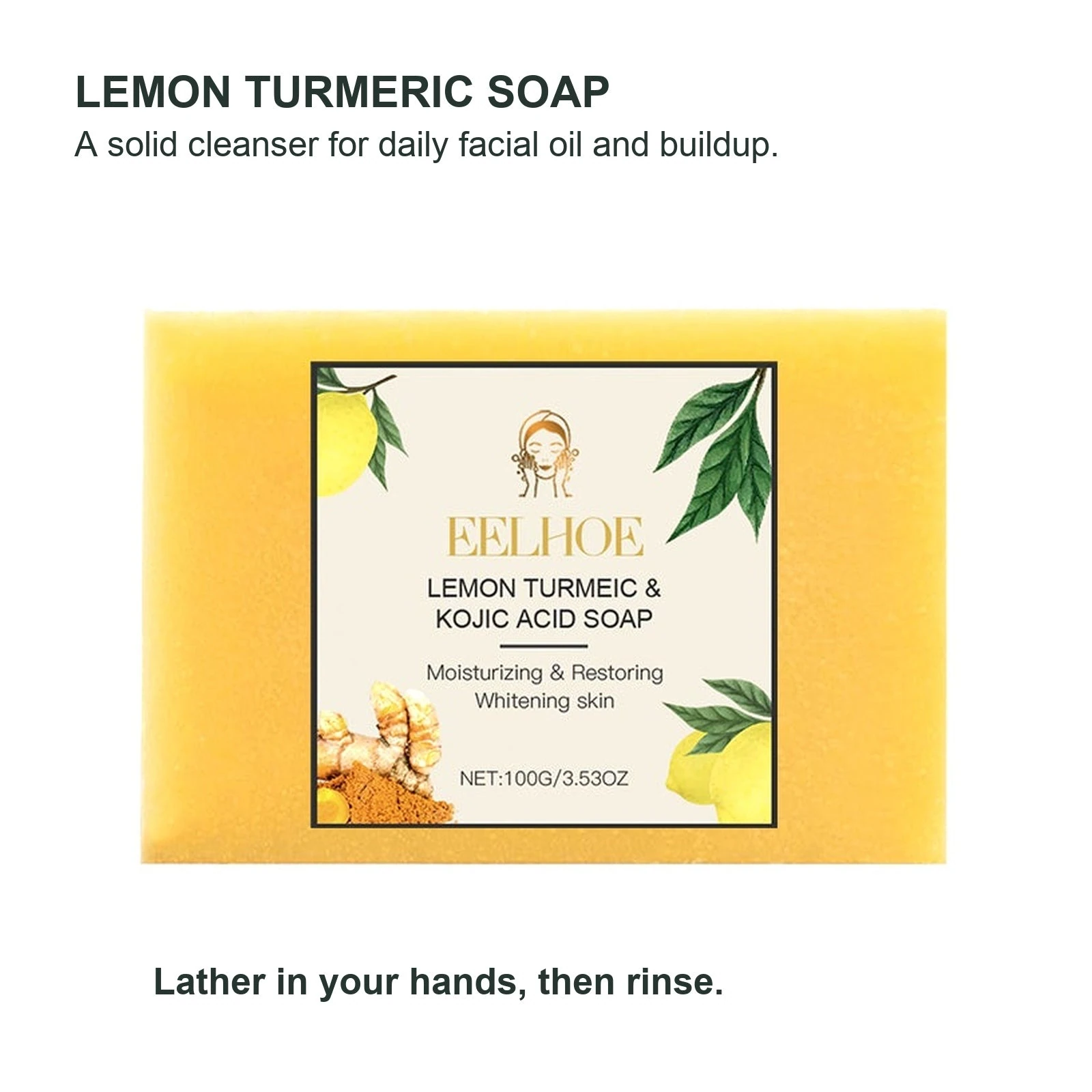 EELHOE Lemon Turmeric Soap — A closer look at the actual wrapped square bar.