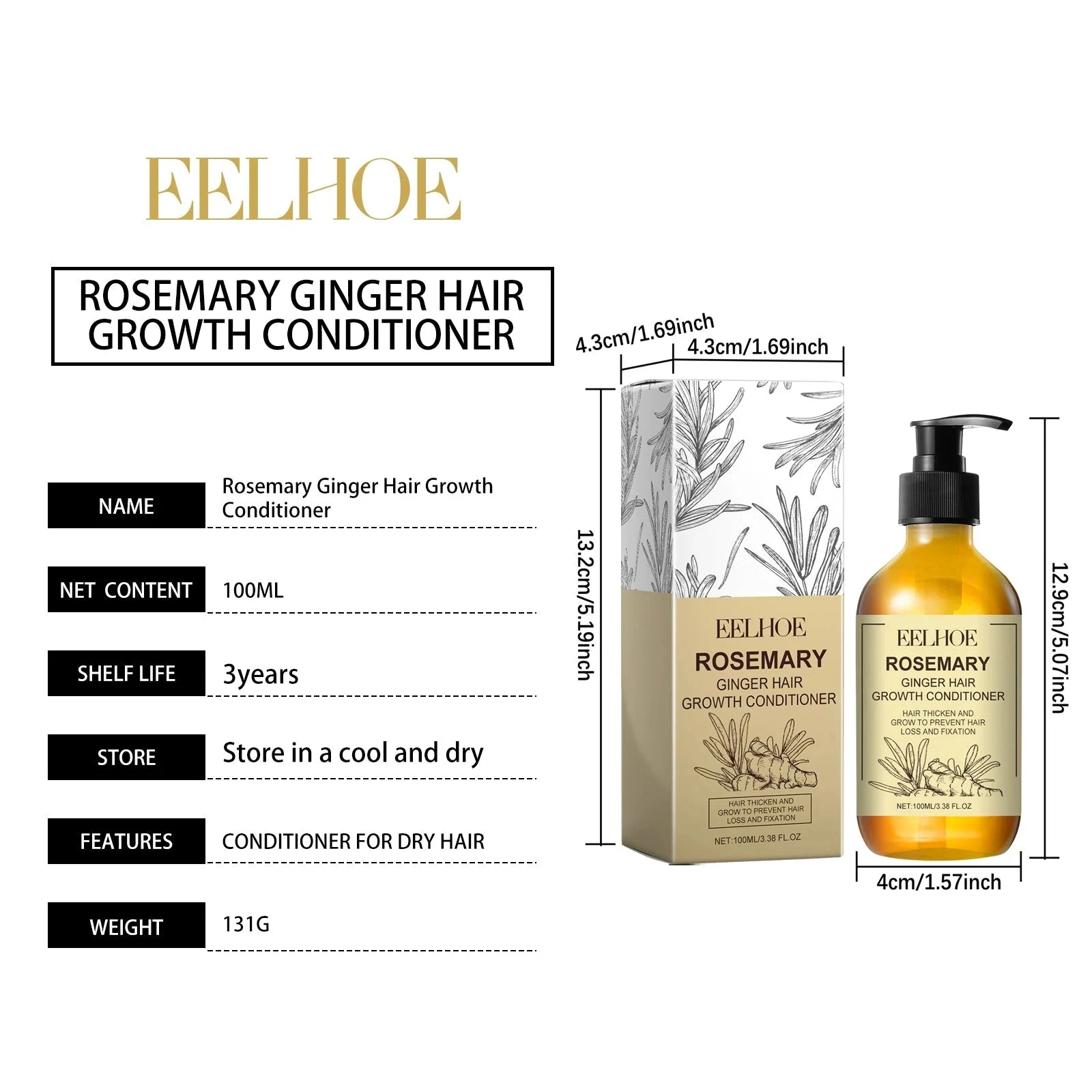 EELHOE Rosemary Conditioner — 100ml bottle and carton dimensions.