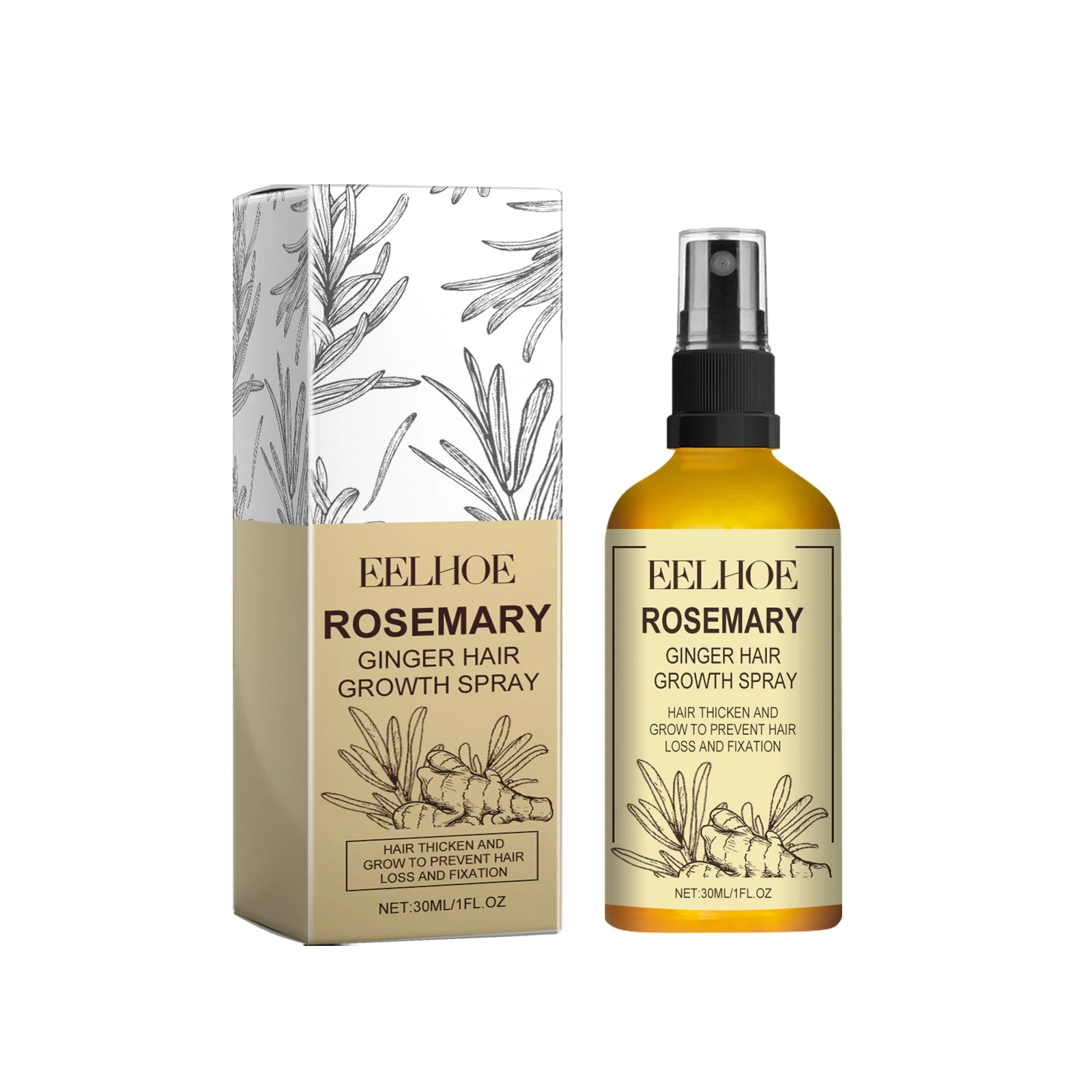 EELHOE rosemary ginger hair growth spray bottle and matching 30ml carton